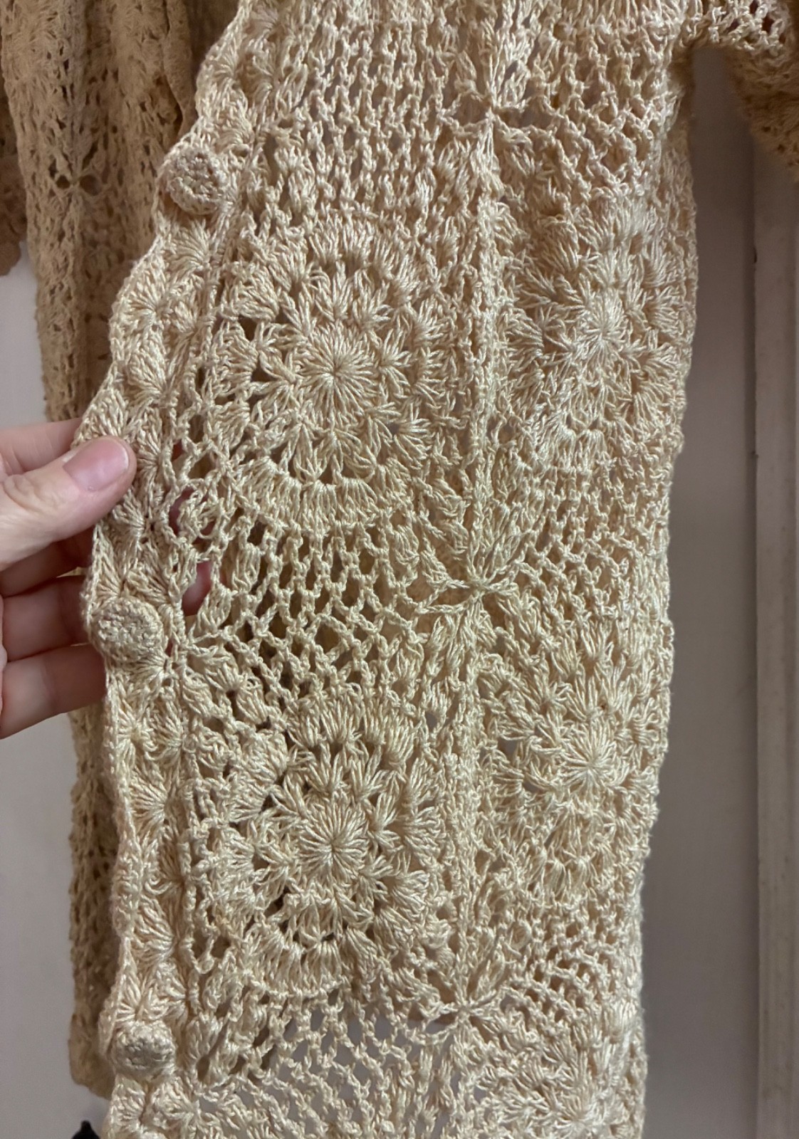 Vintage Hand Crochet Button Jacket Size Small Cream Beige Color Short Sleeve