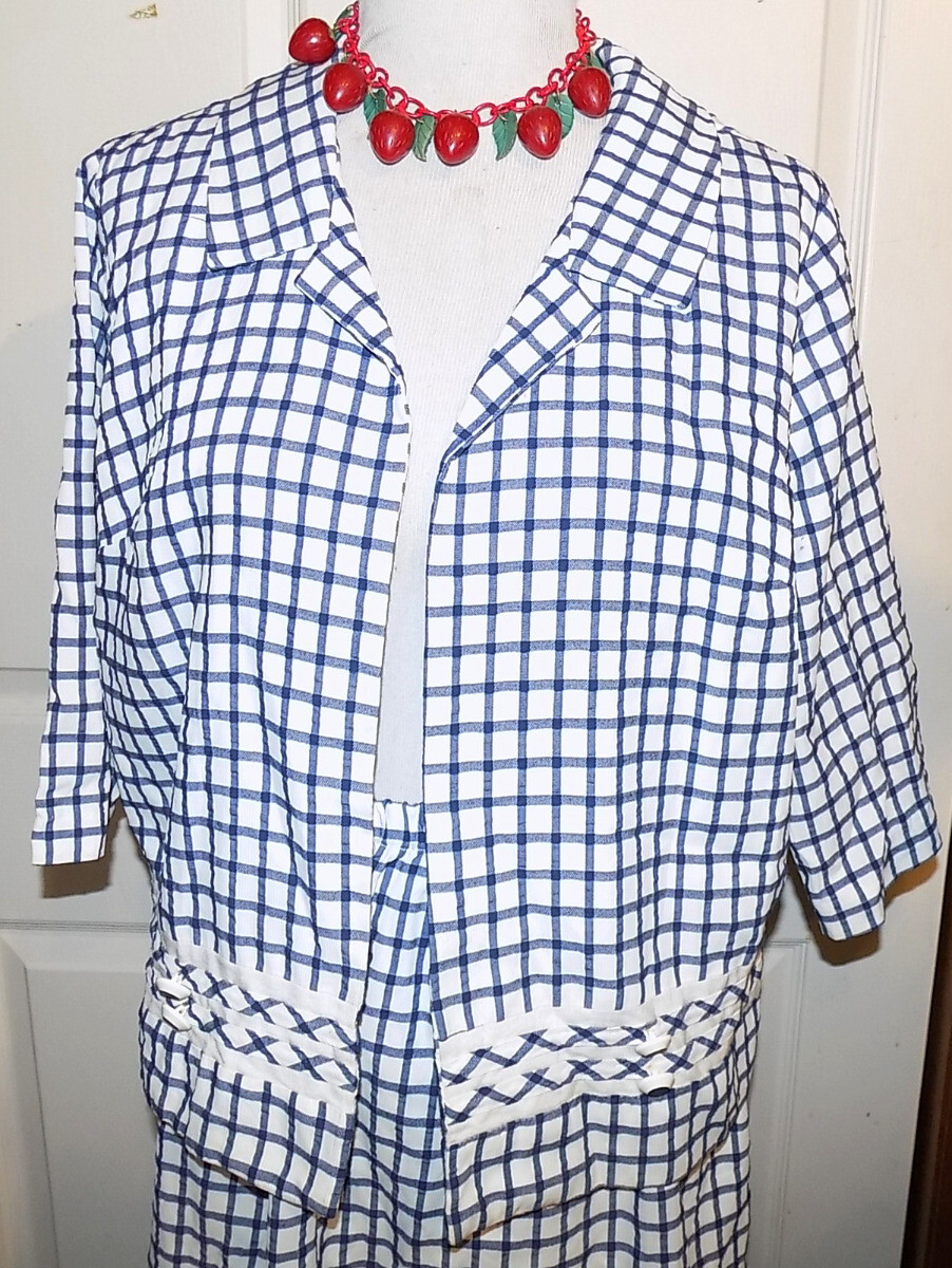 Vintage 60s Blue & White Ribbed Windowpane Cay Artley Suit B44 Size 22 1/2