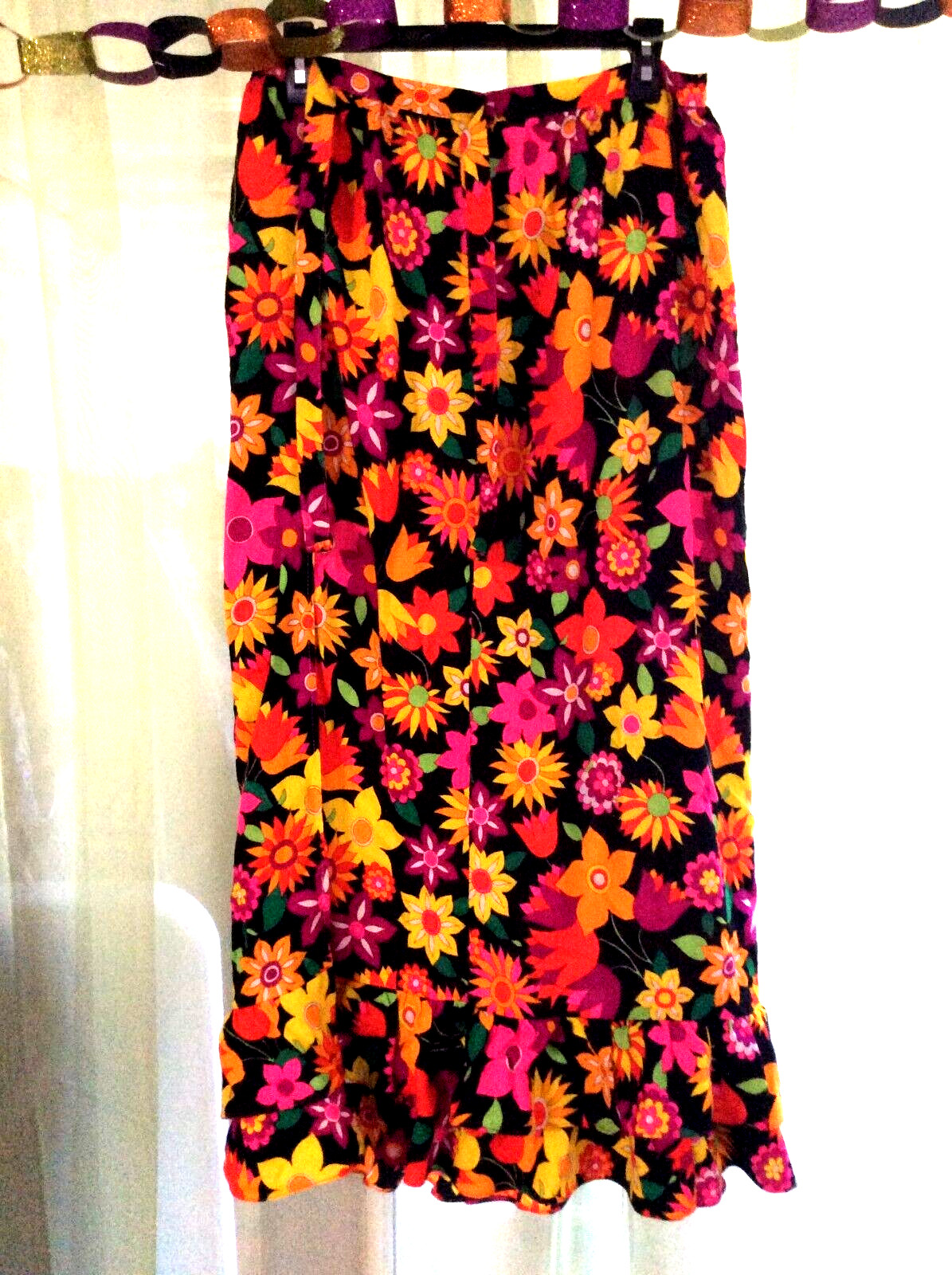 WOMEN’S SZ L 60’S VINTAGE NEON FLORAL WRAP MAXI SKIRT RUFFLE HEM BOHEMIAN CHIC