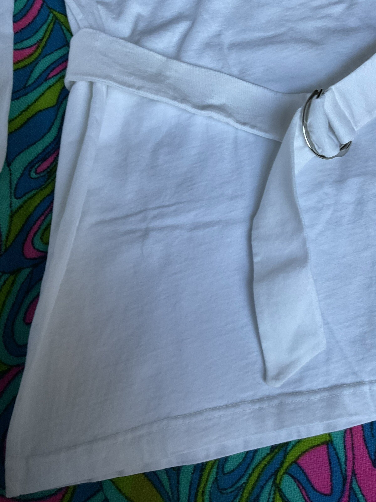 Vintage White DressyT-Shirt 3/4 Sleeve Metal Ring Matching Belt Newport News 90s