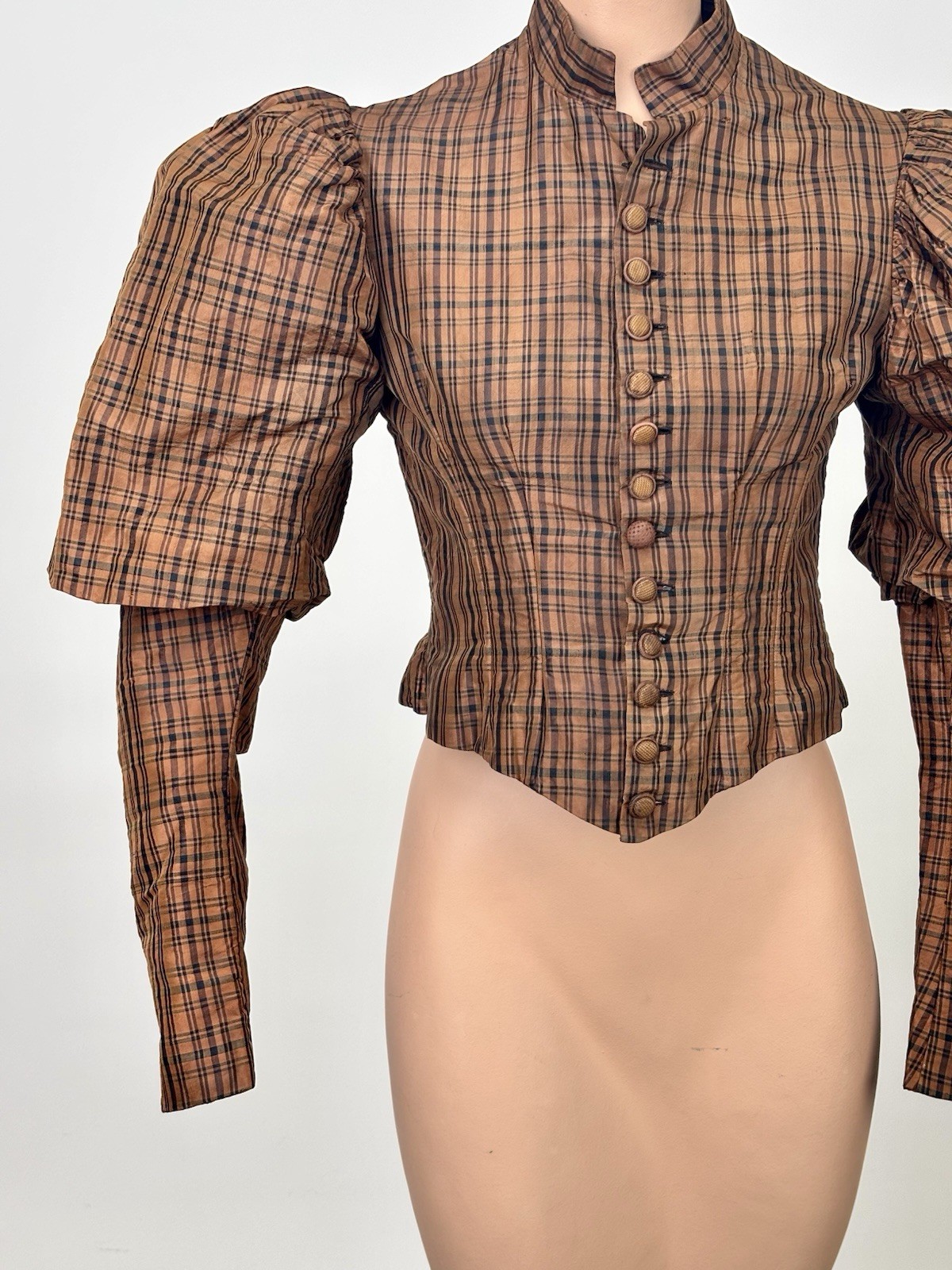 Antique Victorian 1890 Jacket Bodice Leg of Mutton Sleeve Brown Black Plaid Silk