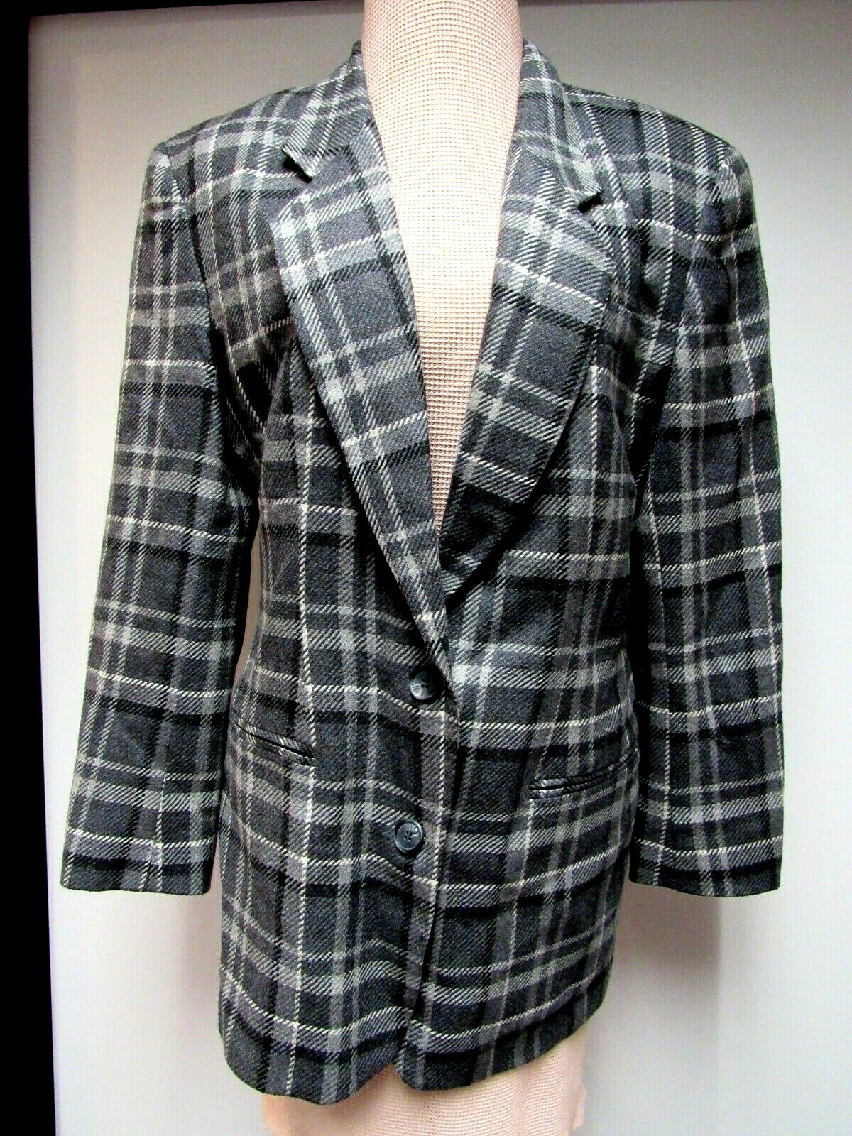 VTG LIZ CLAIBORNE Collection Bulgaria Jacket Wool Plaid Lined Gray Black 12 L EU