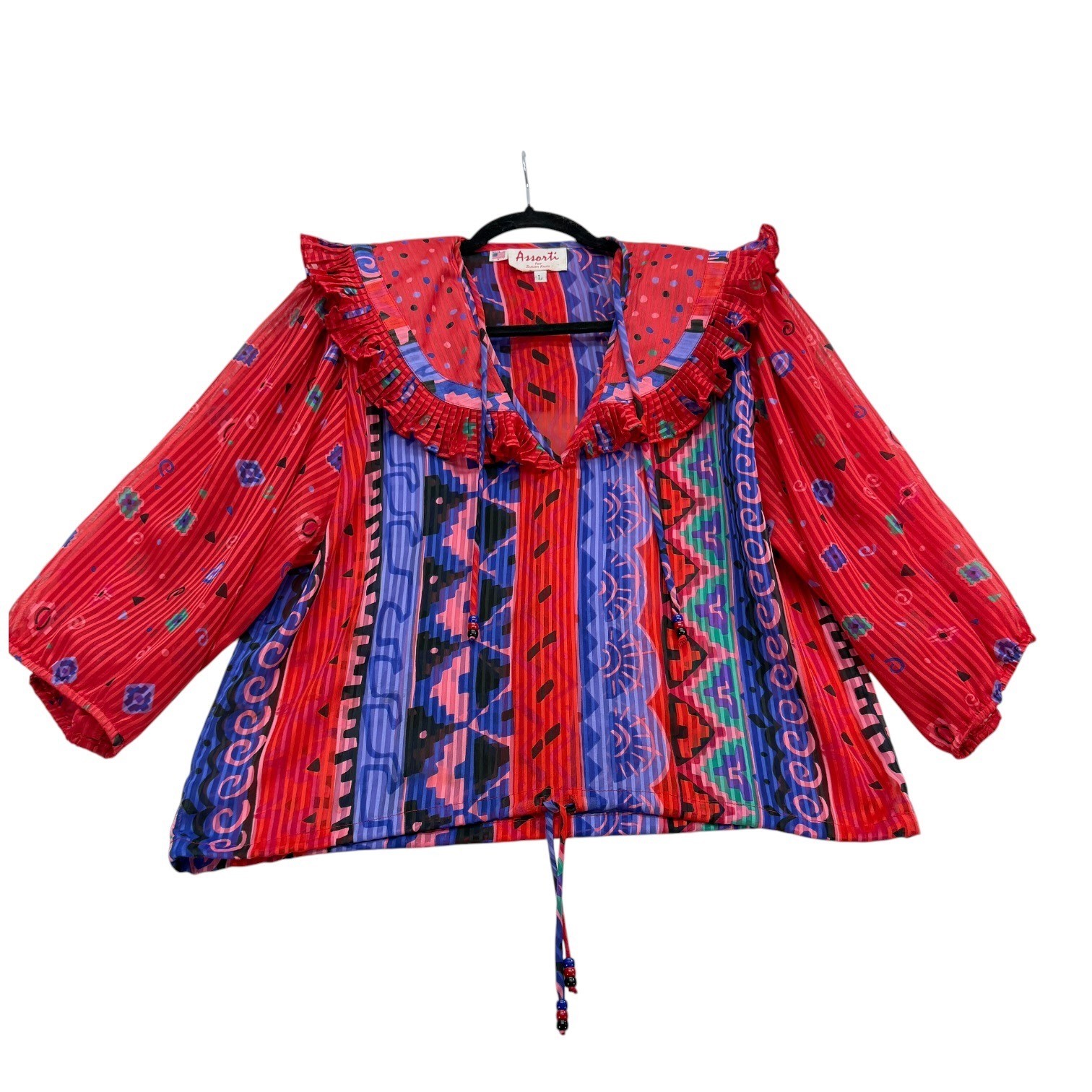 Assorti for Susan Freis Women’s L Multicolor Pleated Ruffle Boho Blouse USA