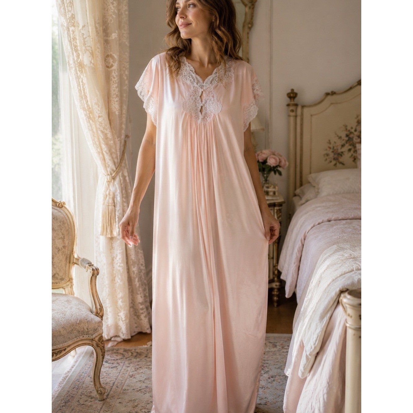 Vintage Bert Yelin for Iris Blush Pink Nylon Lace Yoke Maxi Nightgown L 16