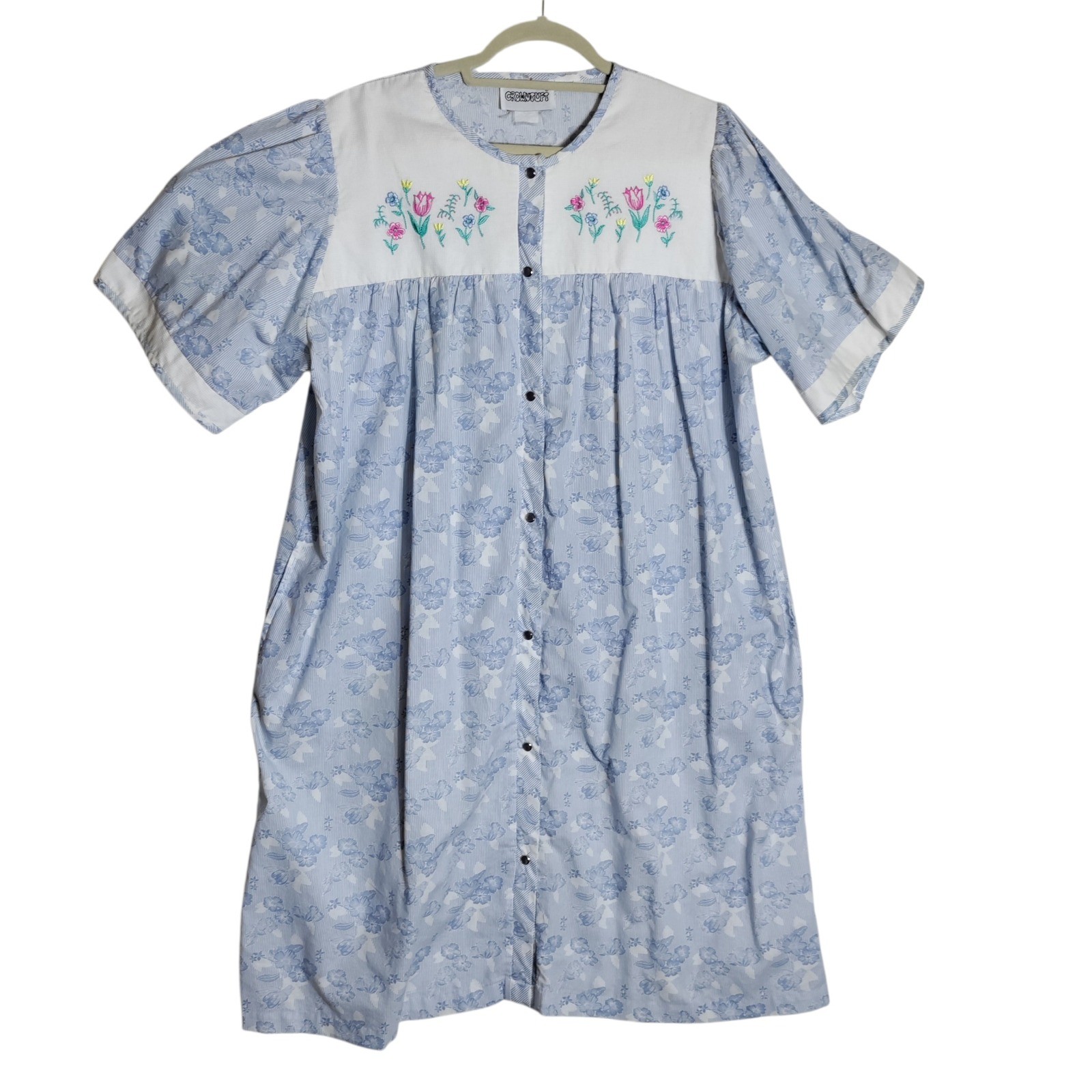 Crowntuft Blue Floral Embroidered Snap Front House Dress Duster Womens L/XL