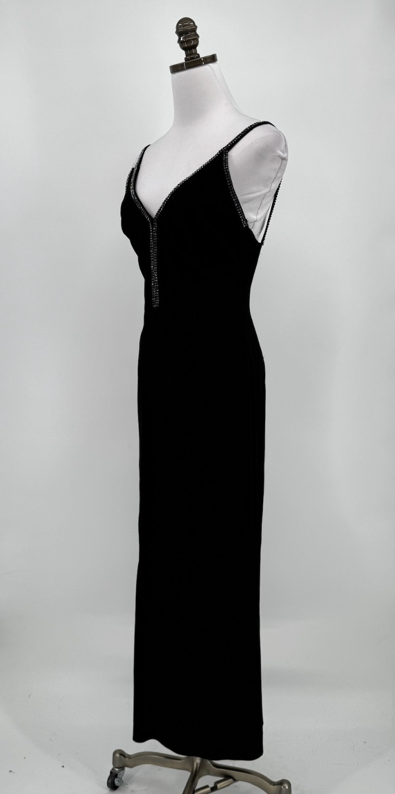 Aspeed USA Vintage Black V Neck Rhinestone Trim Sleeveless Maxi Slip Dress