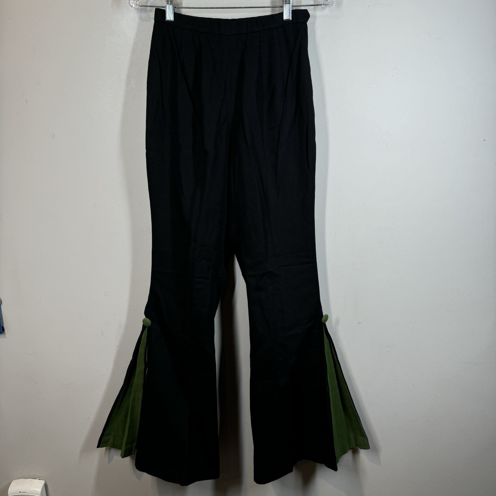 Vintage Homemade Green Pleated Black Bell Bottom Pants Cotton 24” Waist Sz XS/S