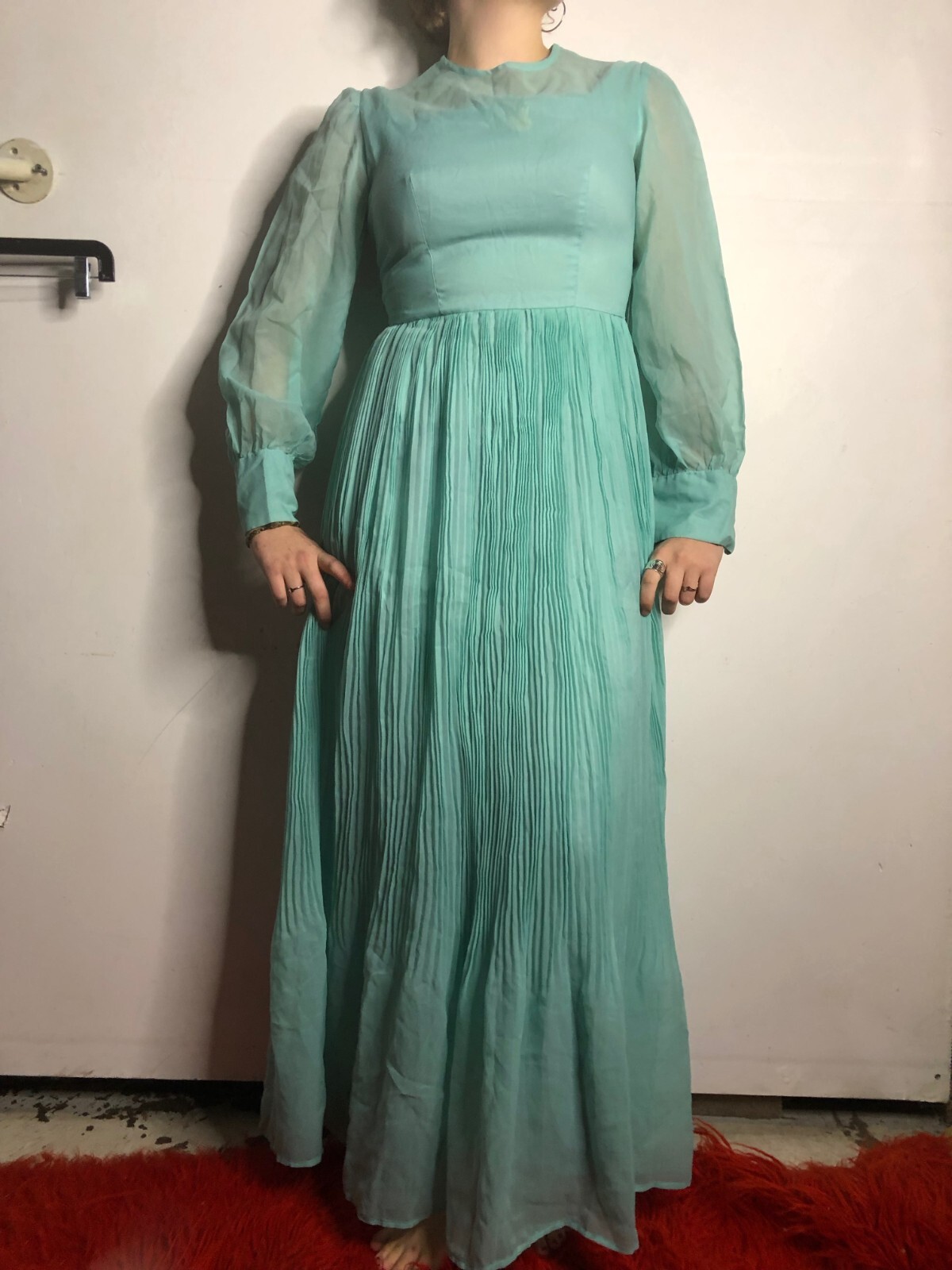 Vintage 1980s Teal Blue Kaftan Dress Chiffon Sleeves Prairie Boho AU 14 16
