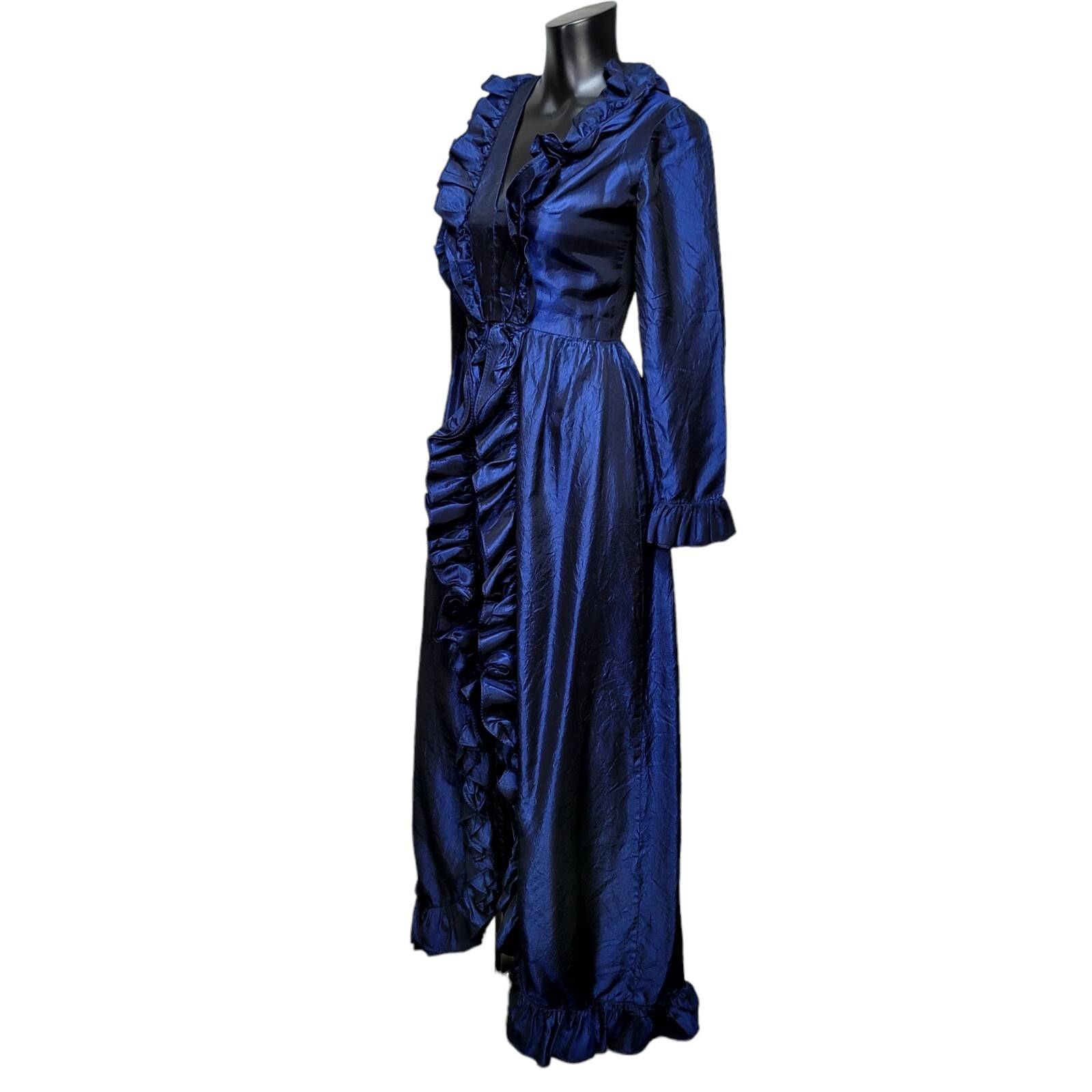 Vintage 70s Dan Leslie Womens S Midnight Blue Crushed Taffeta Ruffles Maxi Gown