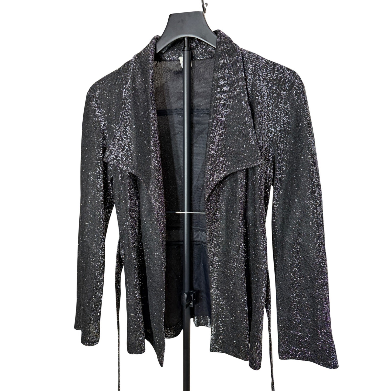 Vintage Metallic Silver Black Wrap Cardigan Tie Waist Shimmer Knit Size 9