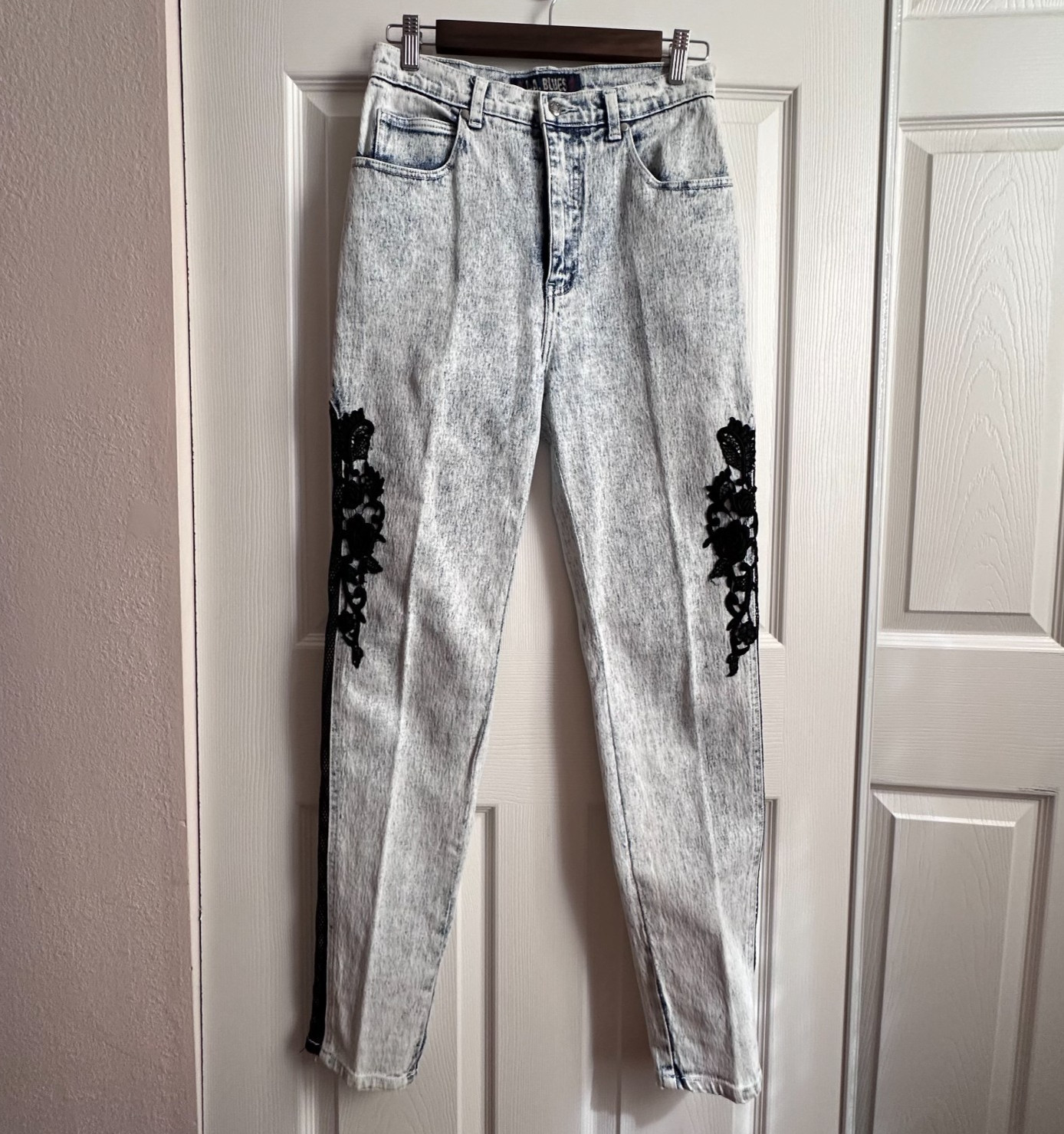 VTG 80s LA Blues Womens 10 Light Acid Wash High Rise Jeans Fishnet Floral Lace