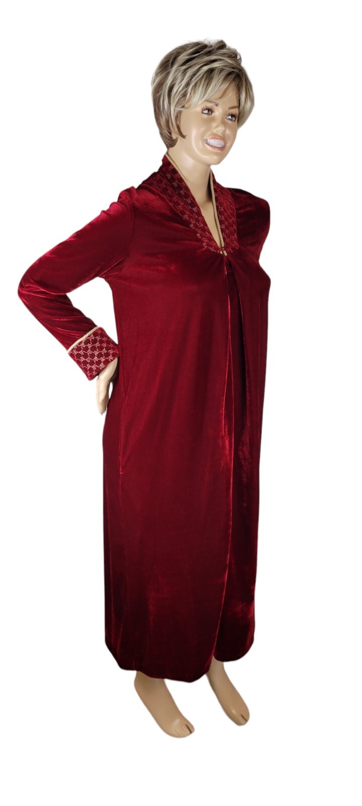 Vintage Whispers Velvet Velour Red & Gold House Coat Robe Nightgown Size Small