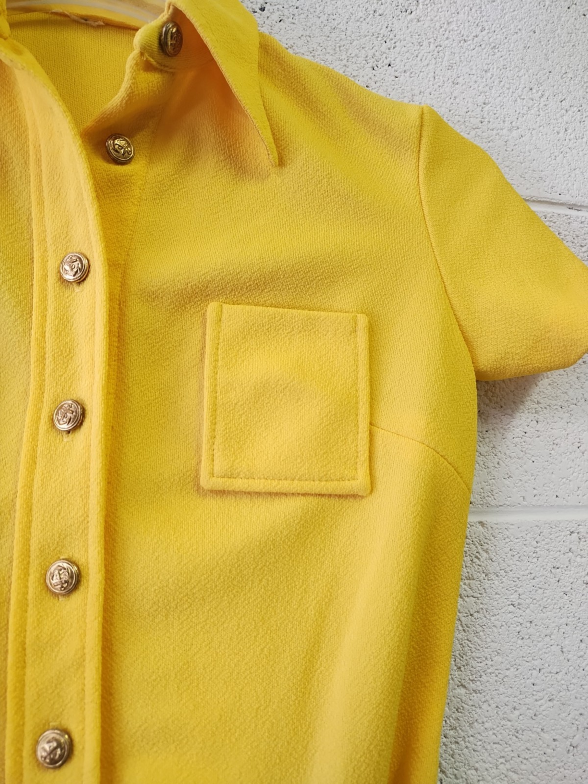 Vintage 1970’s Yellow Polyester Dress Brass Nautical Buttons Belt Pockets SM/M