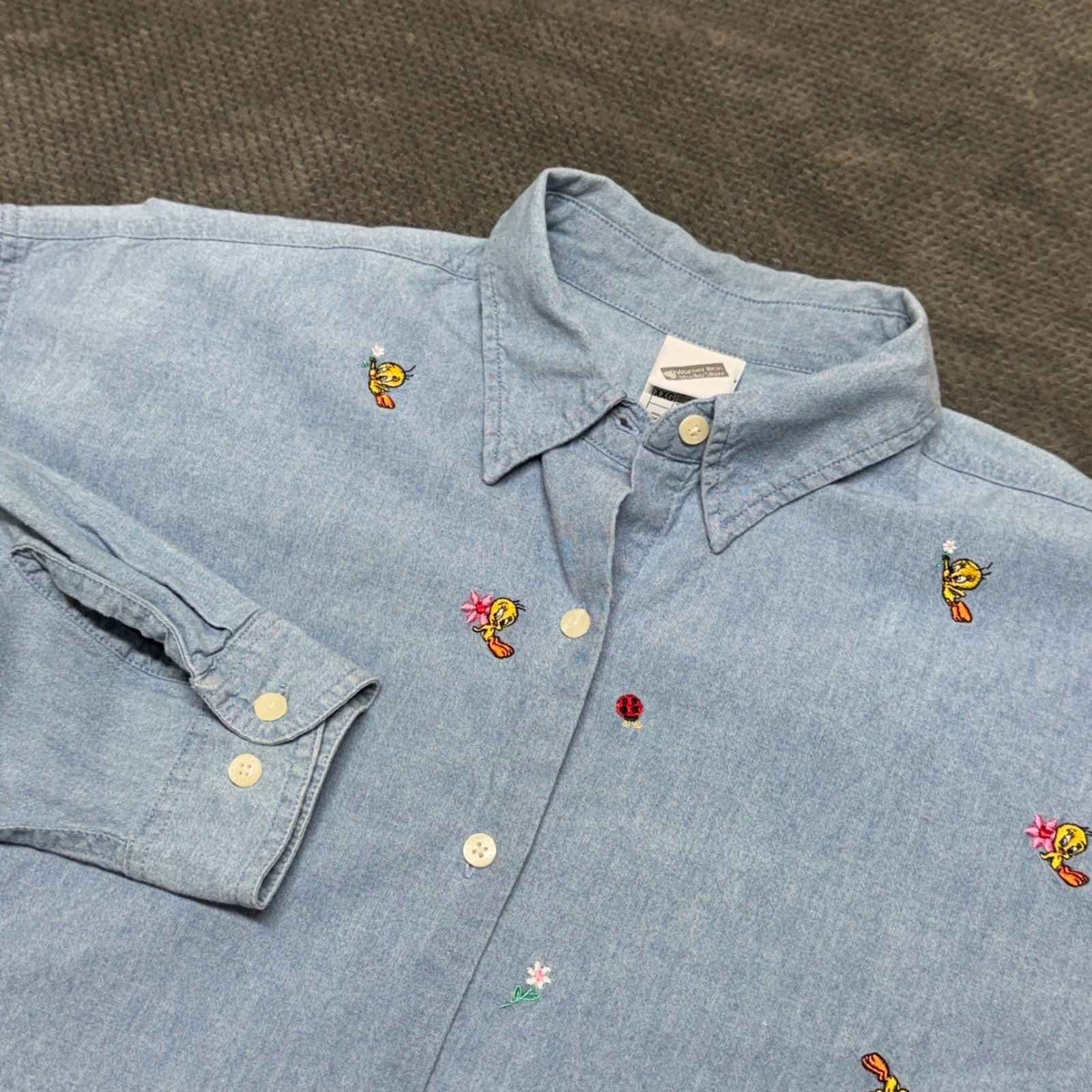 Vintage 1999 Warner Bros Tweety Bird Embroidered Denim Shirt XXL Looney Tunes