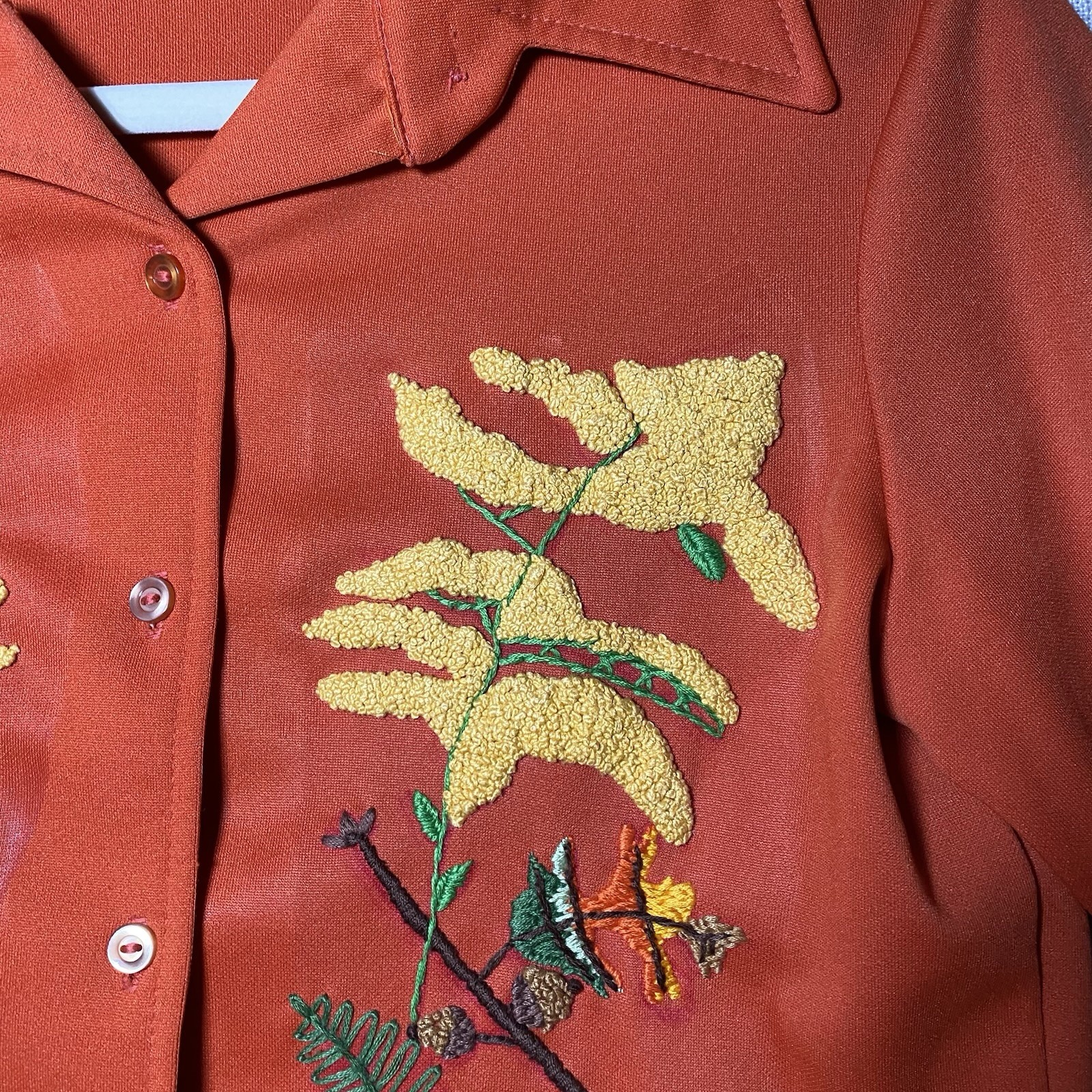 Vintage Jack Winter Women’s Shirt orange embroidered Mushrooms & Ferns from 1970