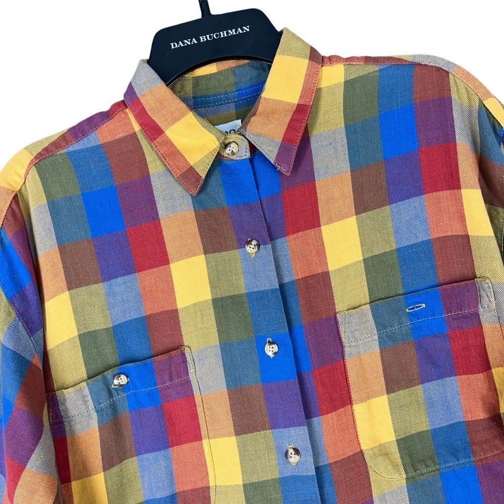Theo Shirt Women M Vintage 90s Made In Korea Oversized Plaid Chest Pockets Woven