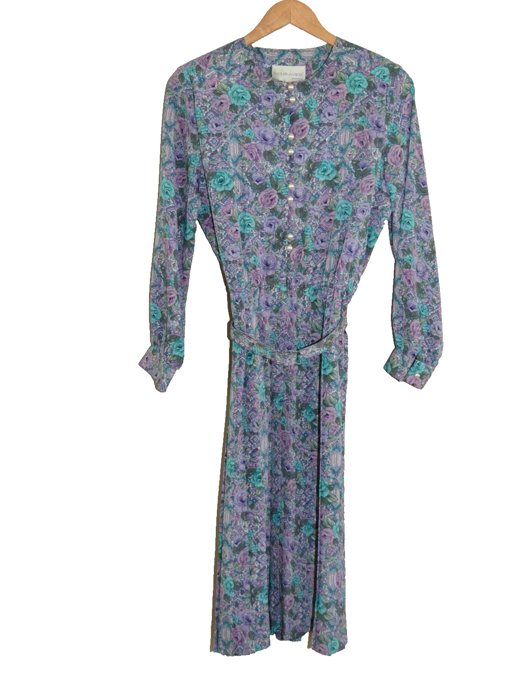 Schrader Vintage 70’s Floral long sleeve pleated Belted Lightweight dress, sz 8p
