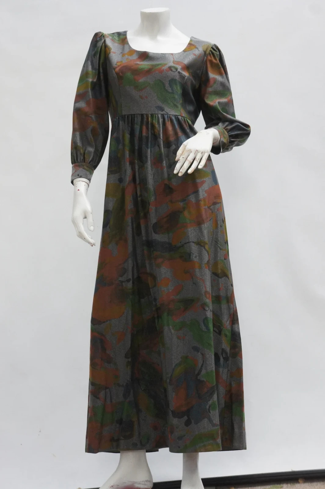 Vintage 60s Metallic Empire Waist Maxi Dress Retro Boho Hippie