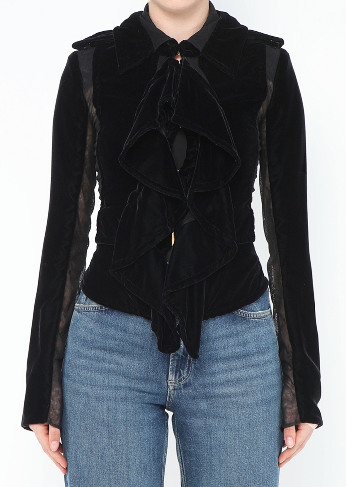 Vintage YSL YVES SAINT LAURENT Velvet Ruffle Jacket 36 38 Black Mesh Panel 2003
