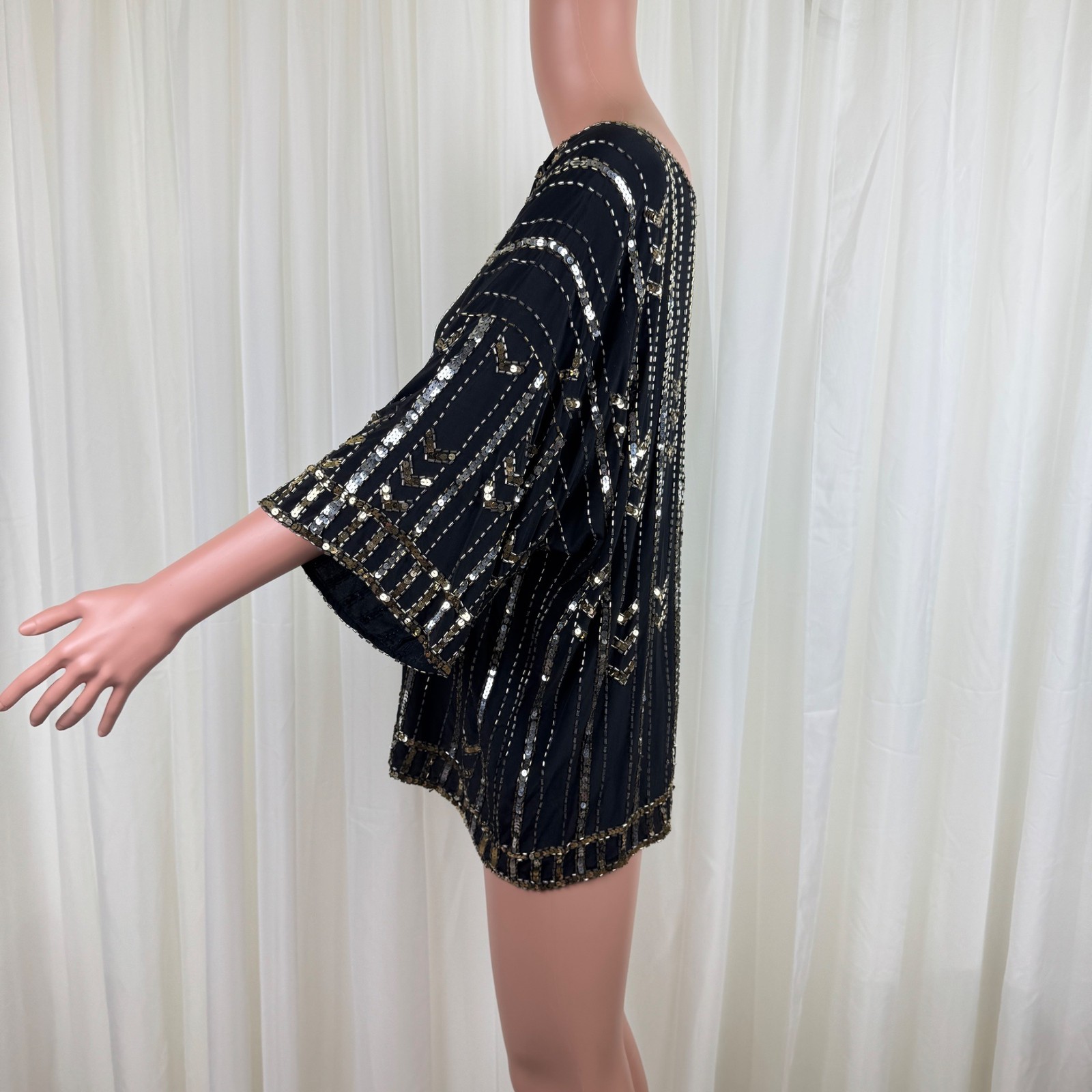 Vintage 80’s Three Flaggs 100% Silk Beaded Sequins Blouse Top Sz Large Black