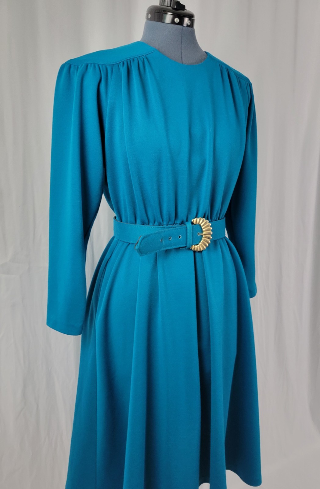 Vintage Impromptu Teal/Turquoise Blouson Dress w Matching Belt Size 12P