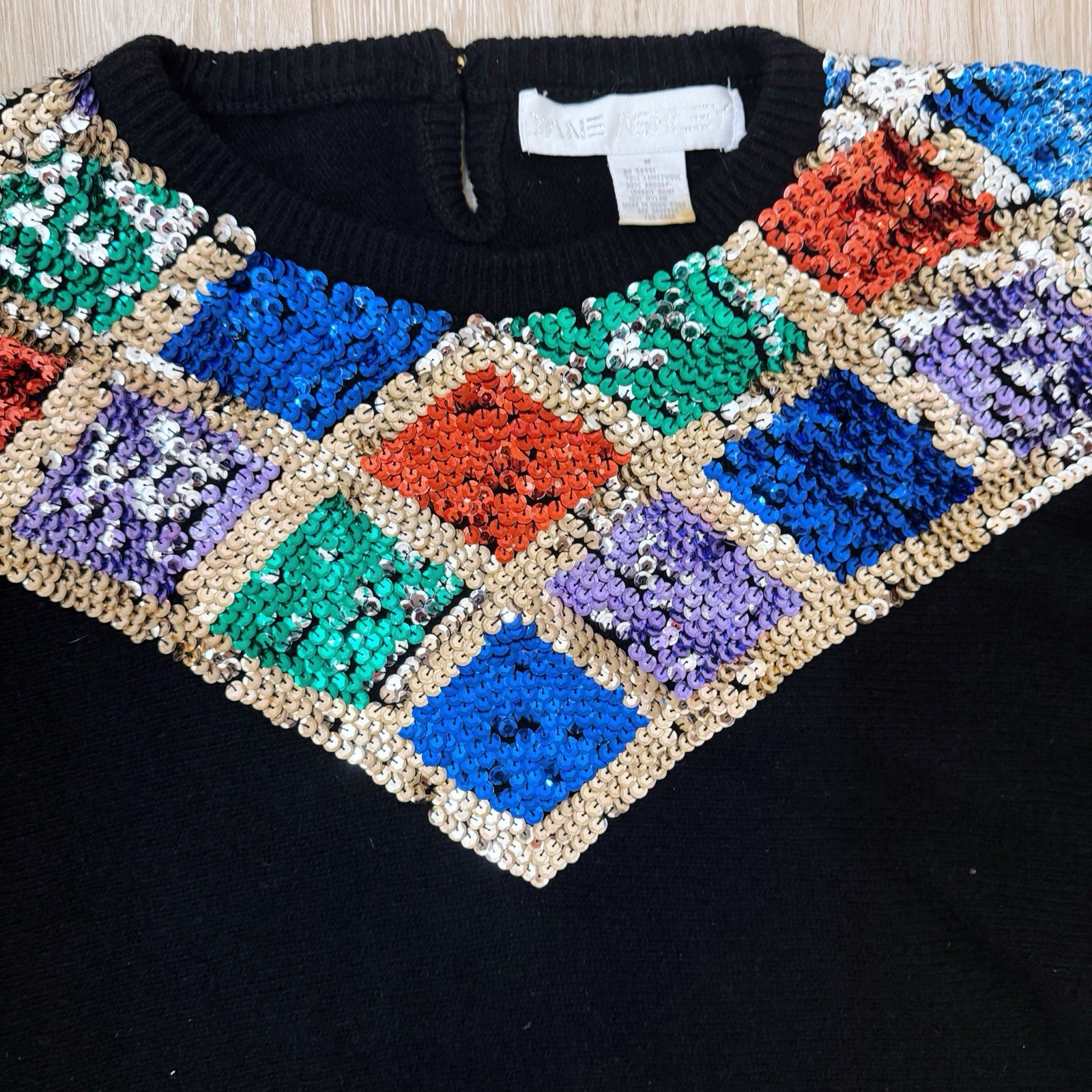 Vintage 1980’s Jane Ashley Women’s Size M Black Sequin Sweater Cinched Waist