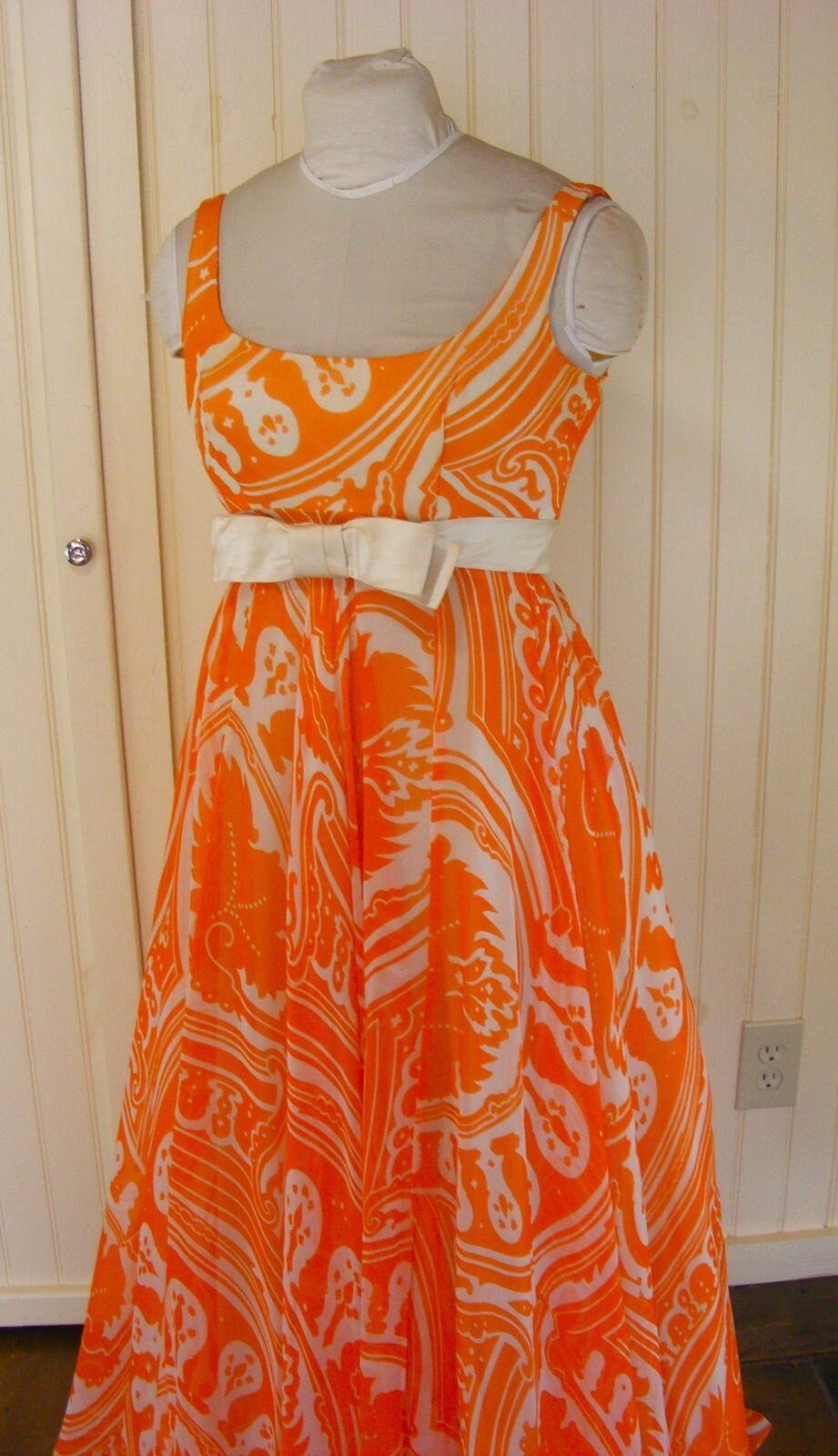 1970 DRESS KIKI HART COUTURE ORANGE WHITE CHIFFON EMPIRE WAIST BALL GOWN SM