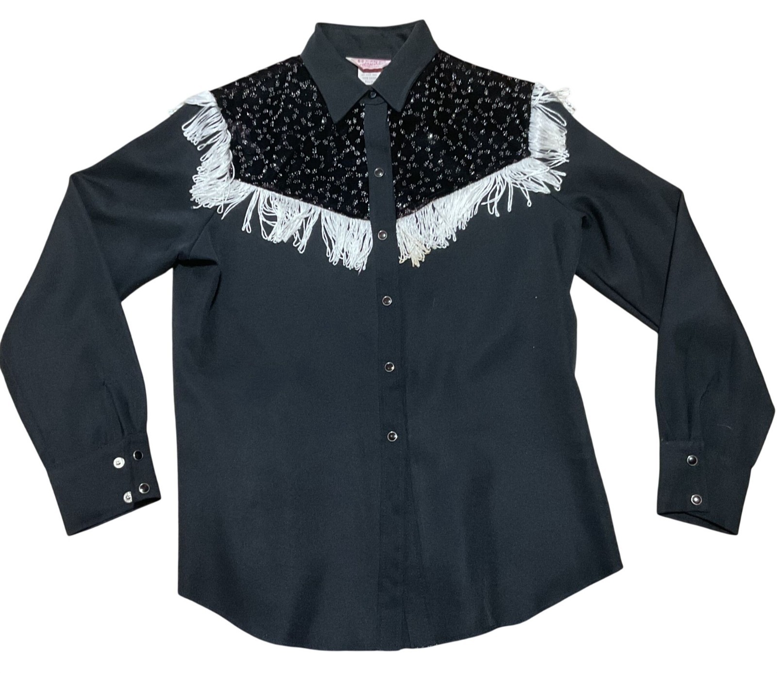 Vtg 70s H Bar C California Ranchwear Sylvia M Black Western Fringe Bling Shirt U