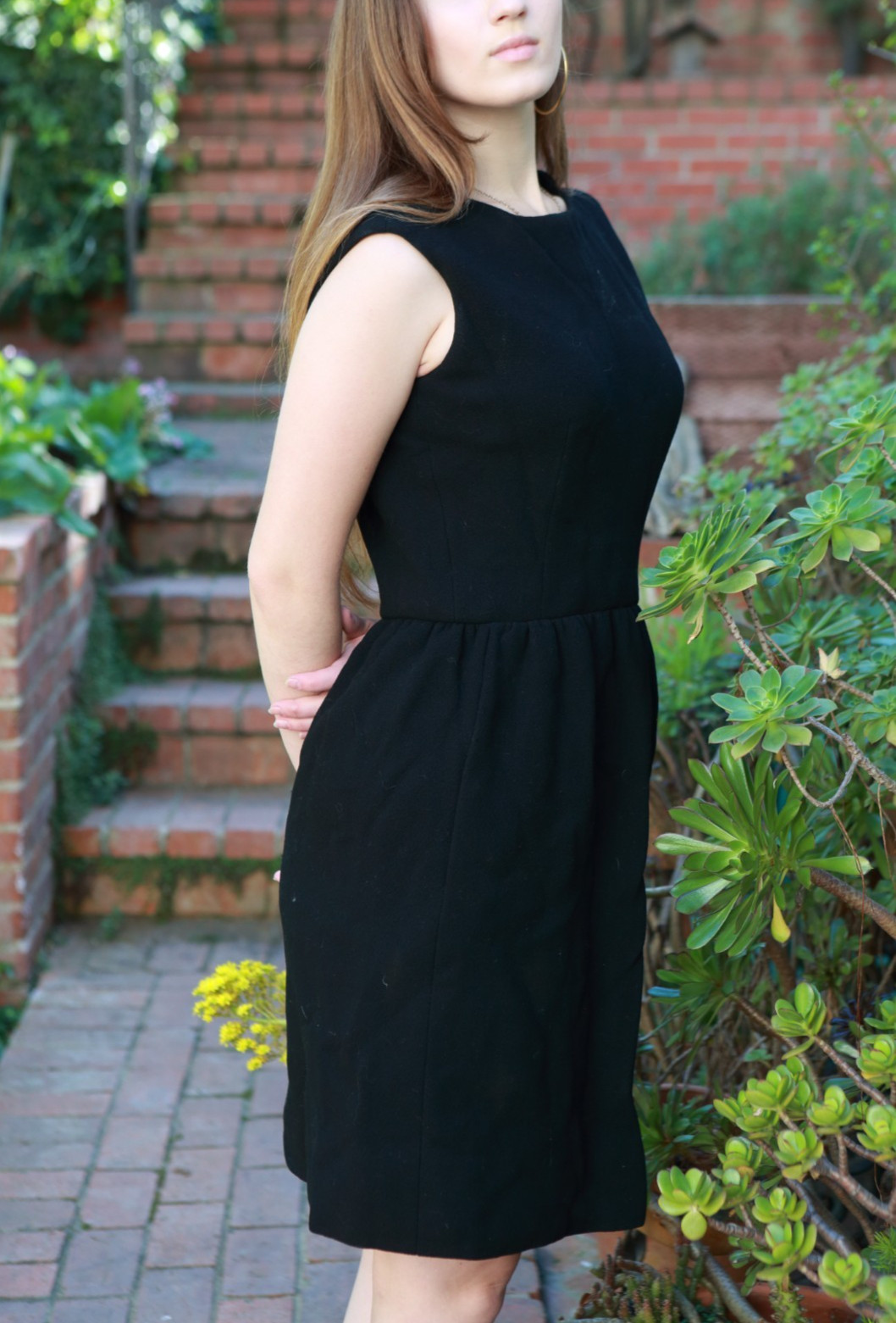 Vintage 60s S Handmade Sleeveless Wool Dress Black Jackie O