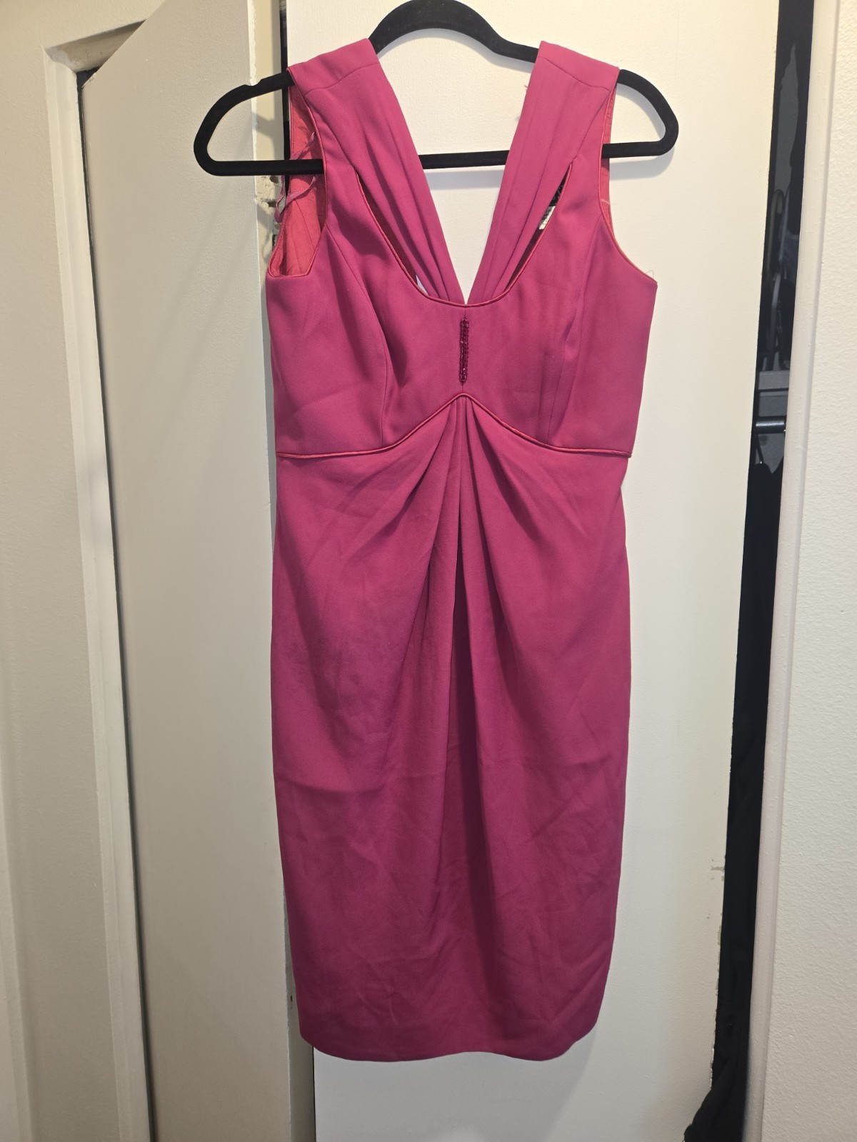 Vintage Fuchsia Pink Pleated Sheath Dress V-Neck Wedding Guest Cocktail Size 6