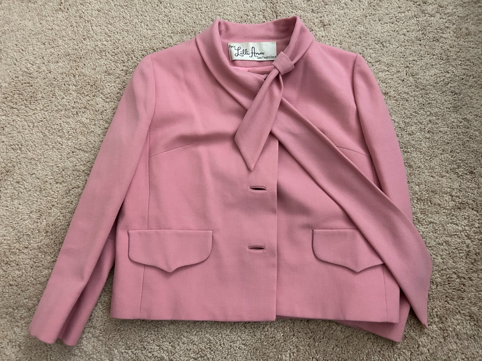 Vintage 1960’s Lilli Ann Paris San Francisco Pink Jacket Attached Bow Tie Coat M