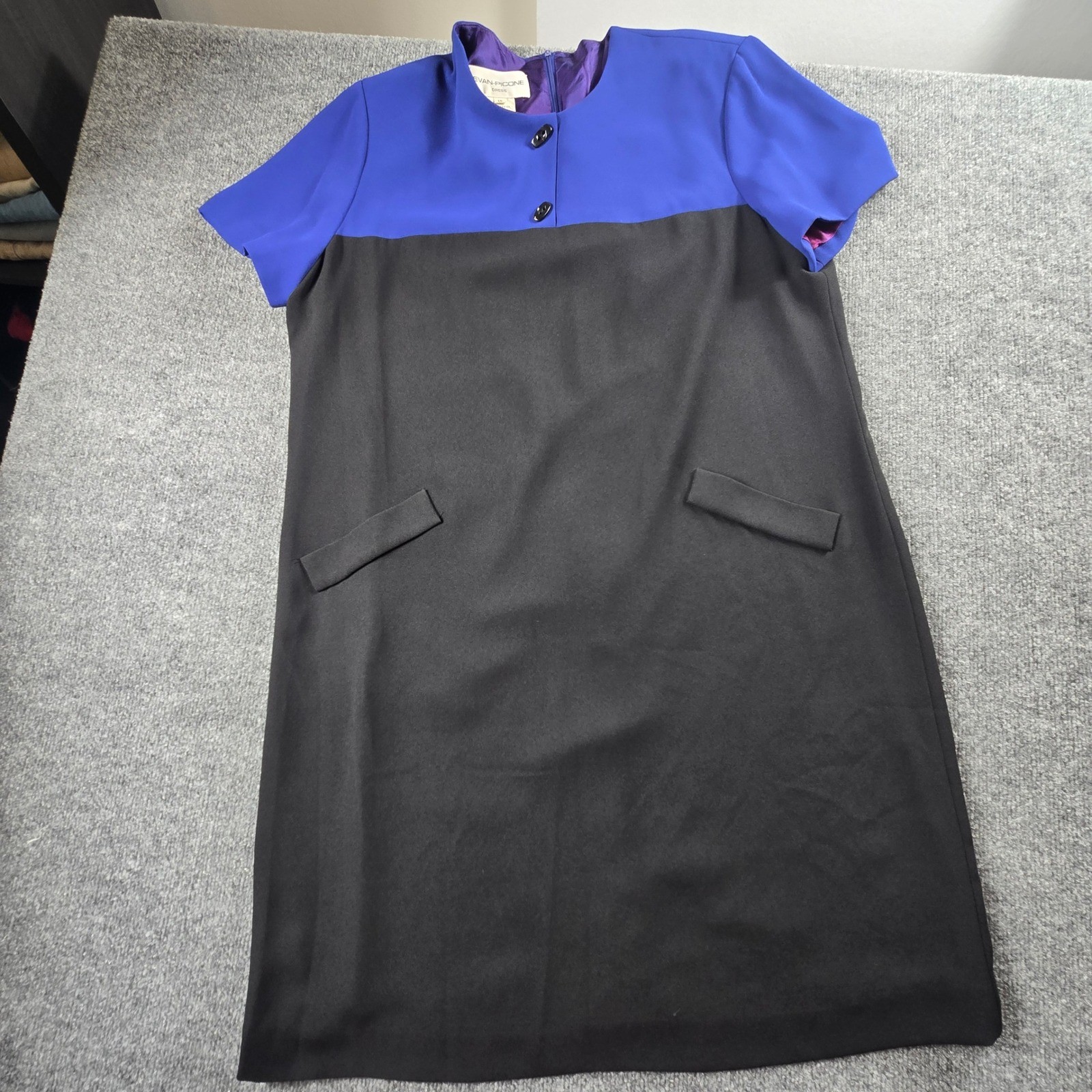 Evan-Picone Colorblock Dress Womens 14 Blue Black Vintage Shift Pocket (D9)