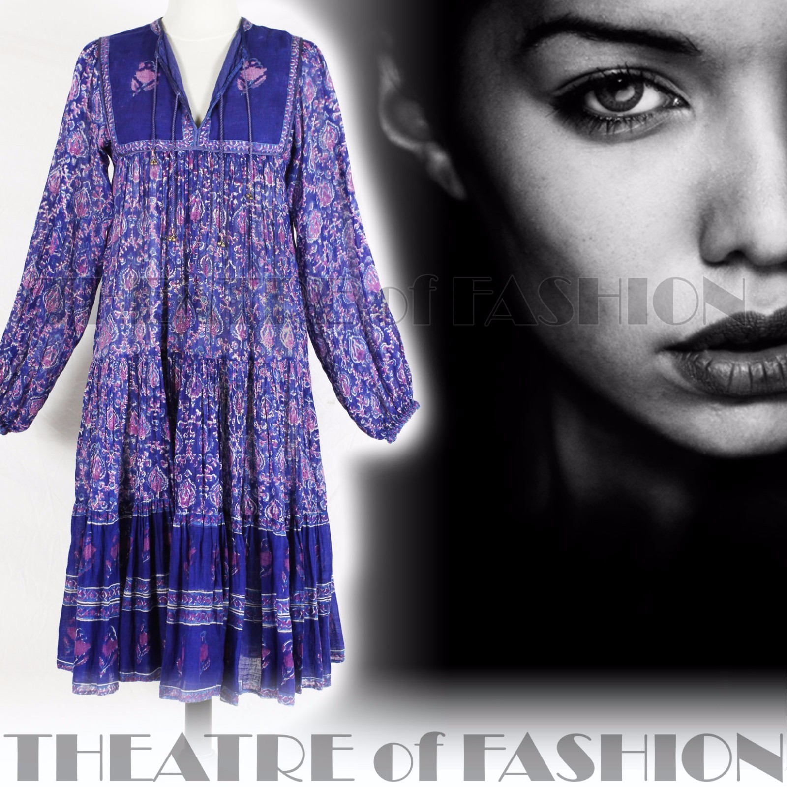 INDIAN DRESS PHOOL 70s VINTAGE HIPPY BOHO GAUZE WEDDING 8 10 12 14 60s GODDESS