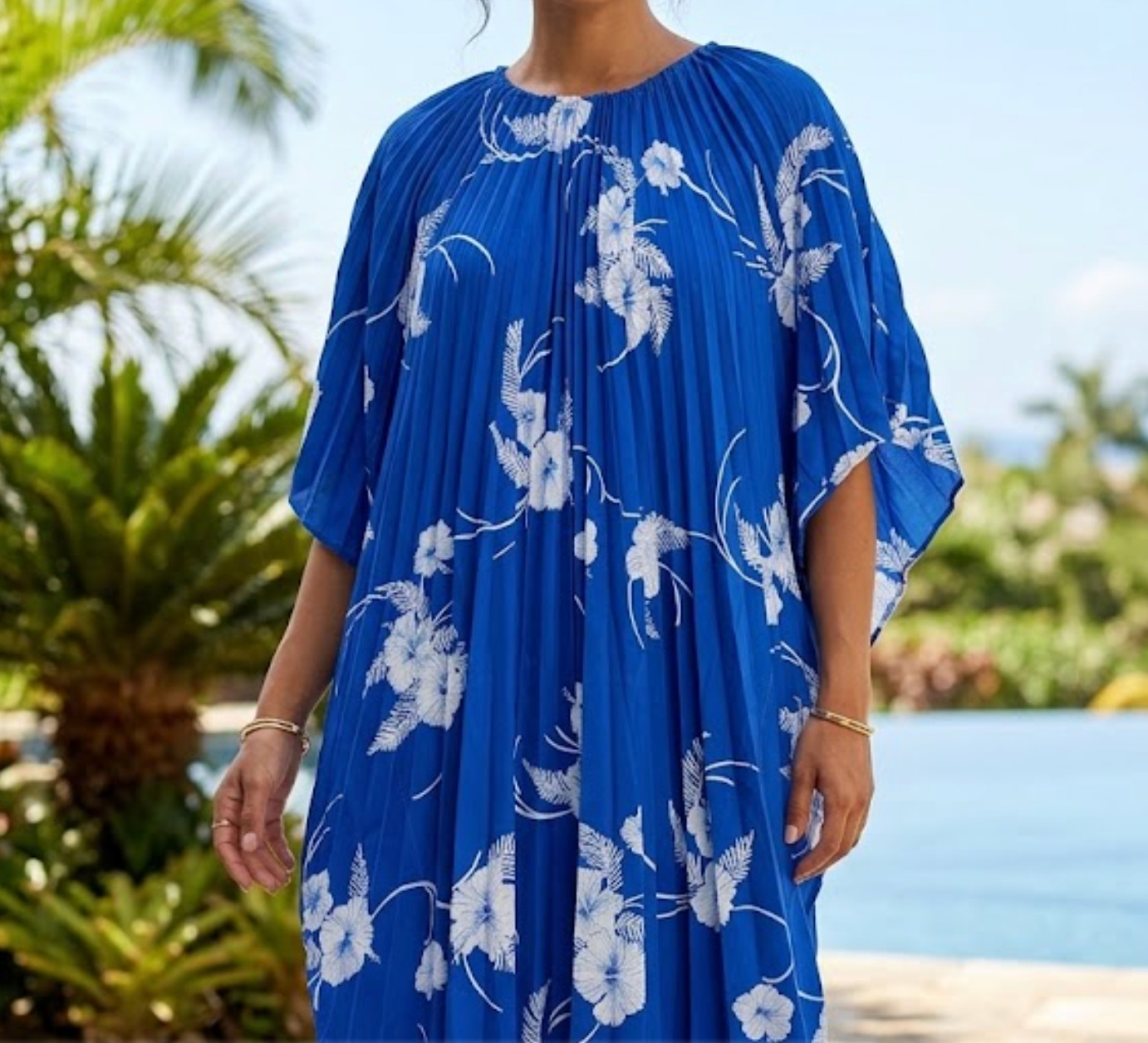 Vintage 70s 80s Royal Palm Hawaii Blue Pleated Kaftan Hibiscus Floral Dress