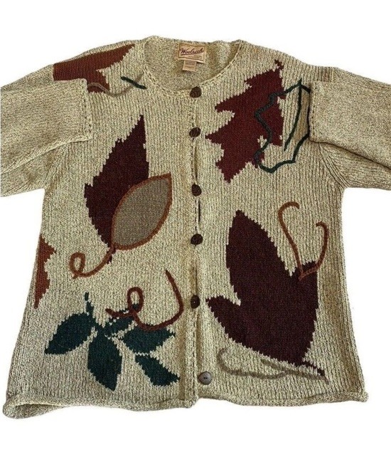 Vintage Woolrich Sweater Silk Blend Cardigan Handframed Leaf Cottagecore Woodsy