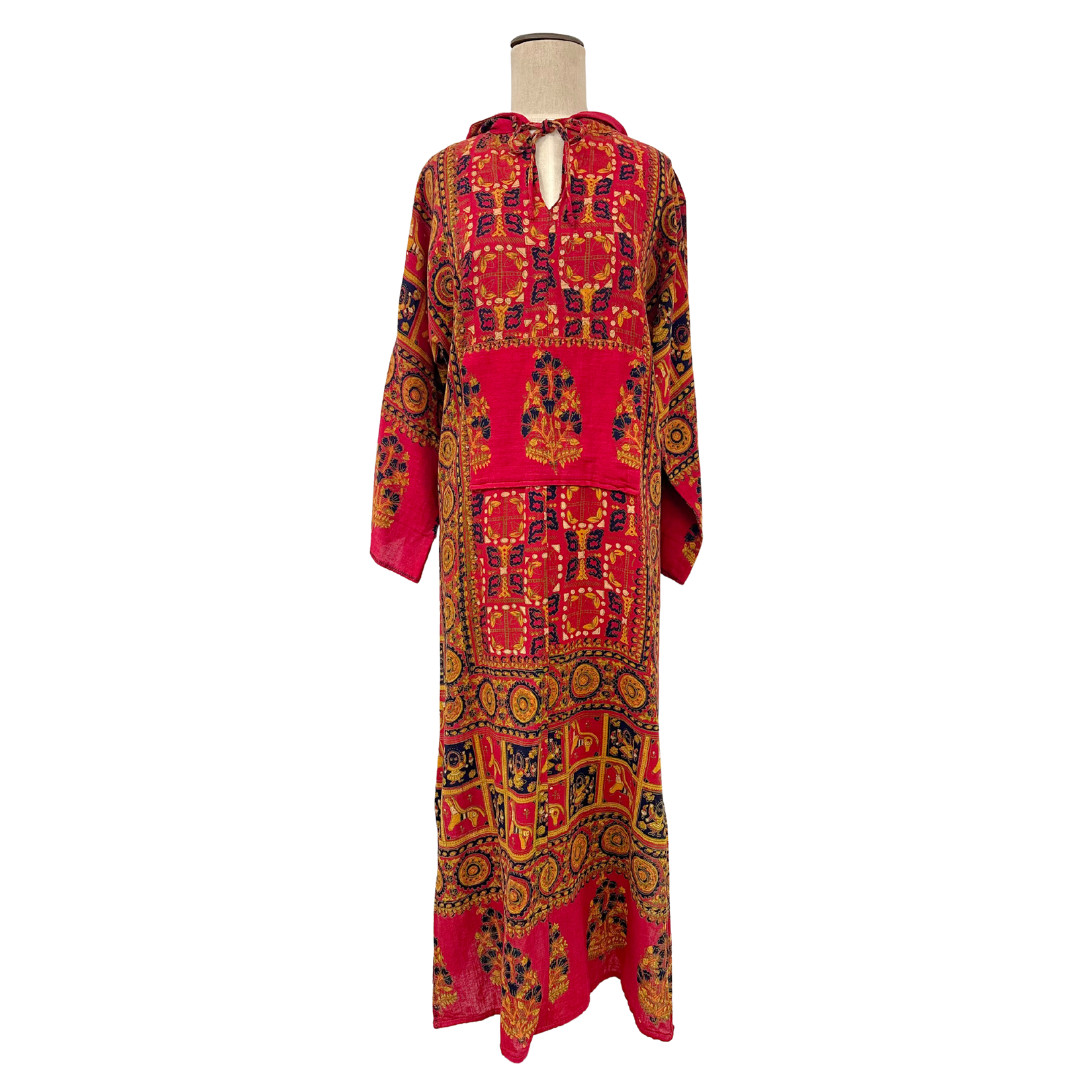 Vintage 1970s Hooded Block Print Wide Sleeve Red Bohemian Tunic Dress