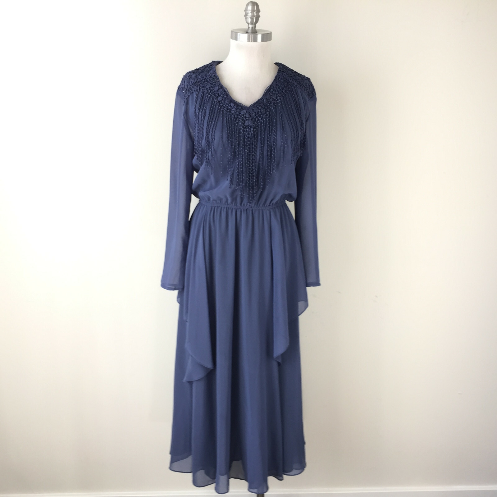 Vintage Spencer Alexis S 6 Smokey Blue Boho Dress Midi Party fringe tiered Cute