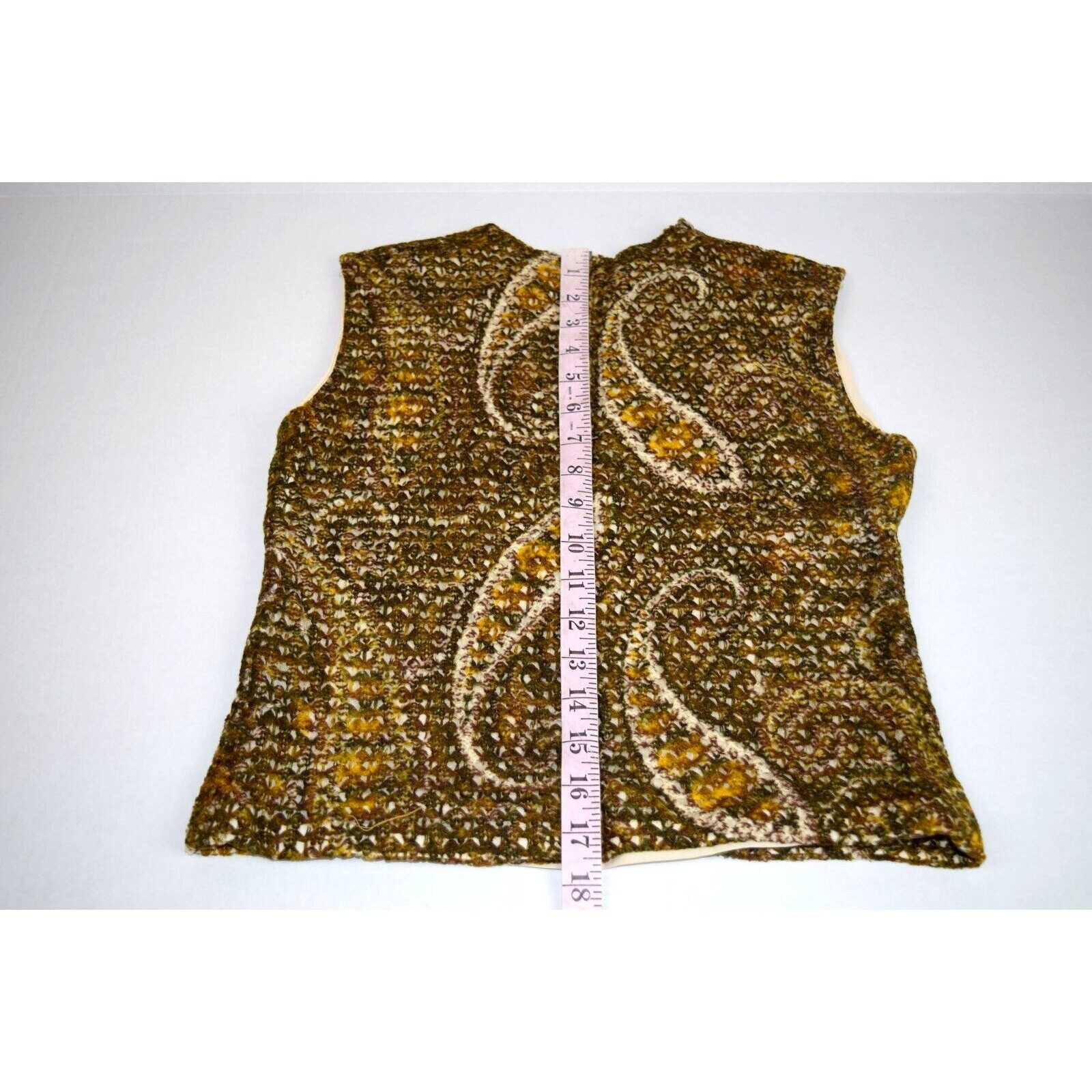 VTG Sleeveless Top Size S Majorette 60s Green Gold Mohair Big Paisley Crochet