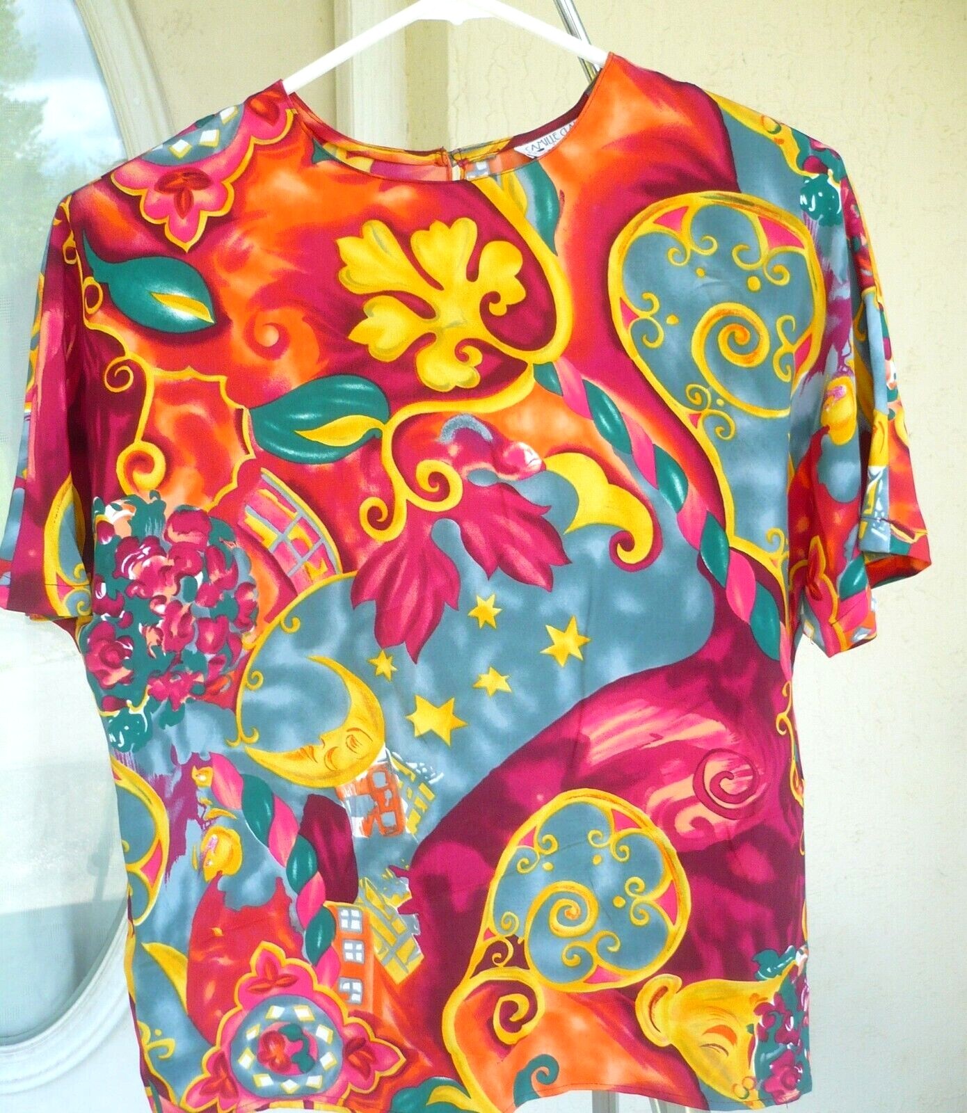VTG 80 CAMILLE CLAUDEL P M L BRIGHT COLORFUL FLORAL BOXY MOON STARS BLOUSE WOMEN