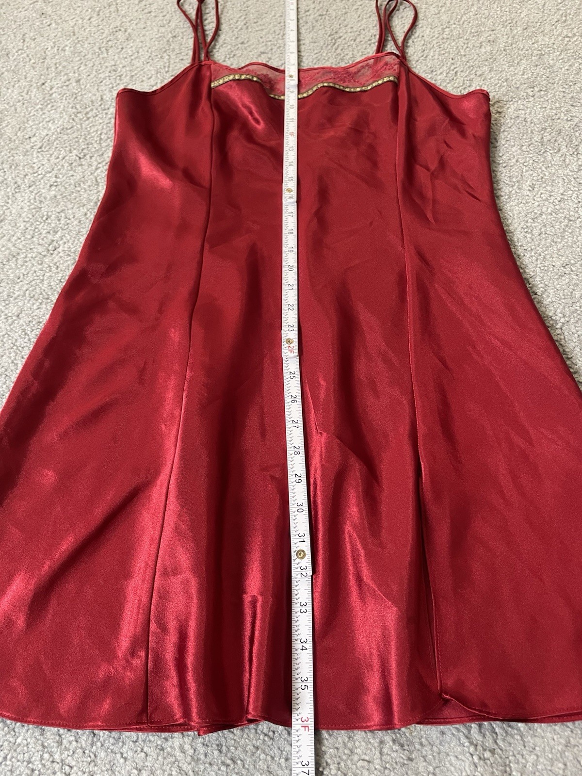 Vtg 80s Delicates Satin Nightie Sleepwear Sz L Red Lace Trim Slit Straps Sexy