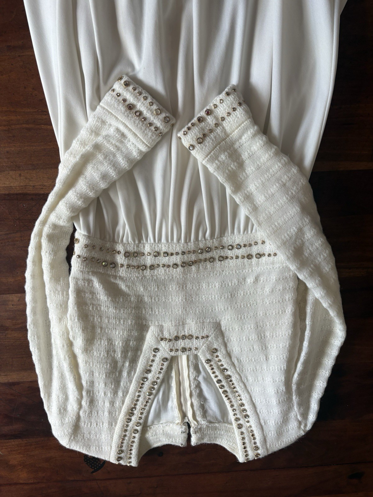 Vintage 1970s White Bridal Gown Rhinestone Knit Bodice Maxi Dress ILGWU USA 8