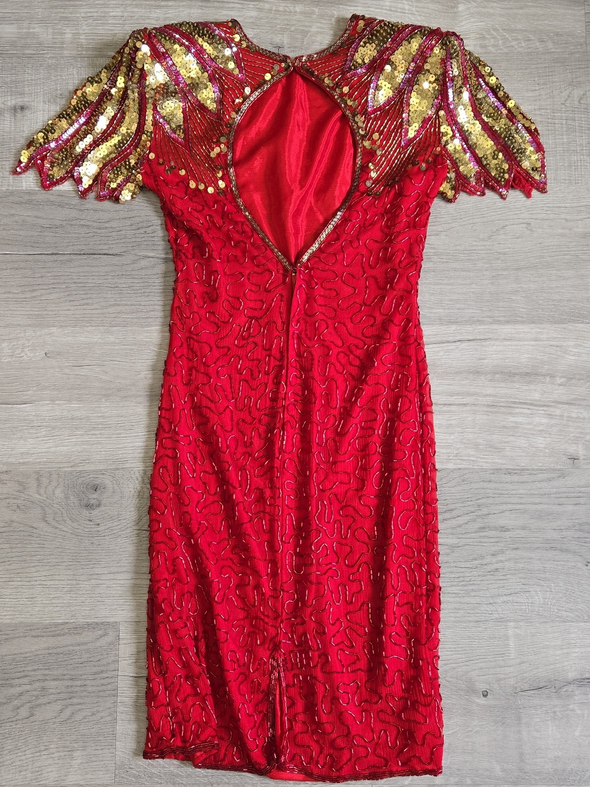 Scala Red & Gold Sequin Beaded Silk Bodycon Cocktail Dress P/P Milan Paris LA