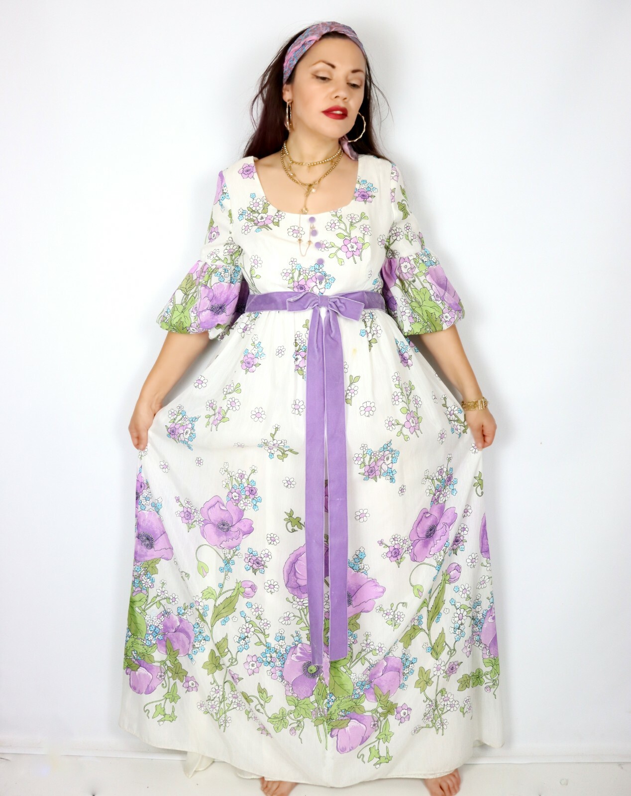 Purple Floral 70s Maxi Dress Ladies S Boho Hippy Retro Festival Prarie Vintage