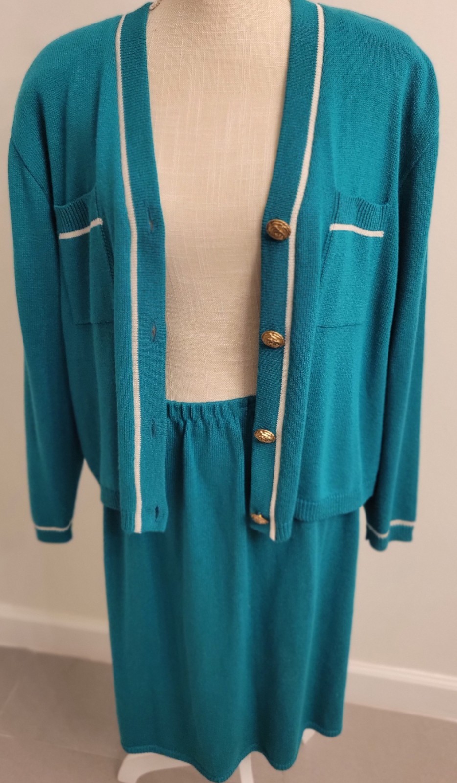 Knit Skirt Suit Lg 2pc Laura byAlyzia 70’s Teal Green Shoulder Pad USA Evc Vtg