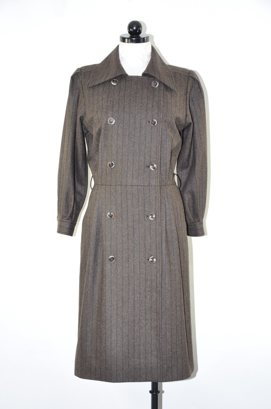 80s Vintage Saint Laurent Rive Gauche Brown Stripe Wool Tweed Coat Dress Women M