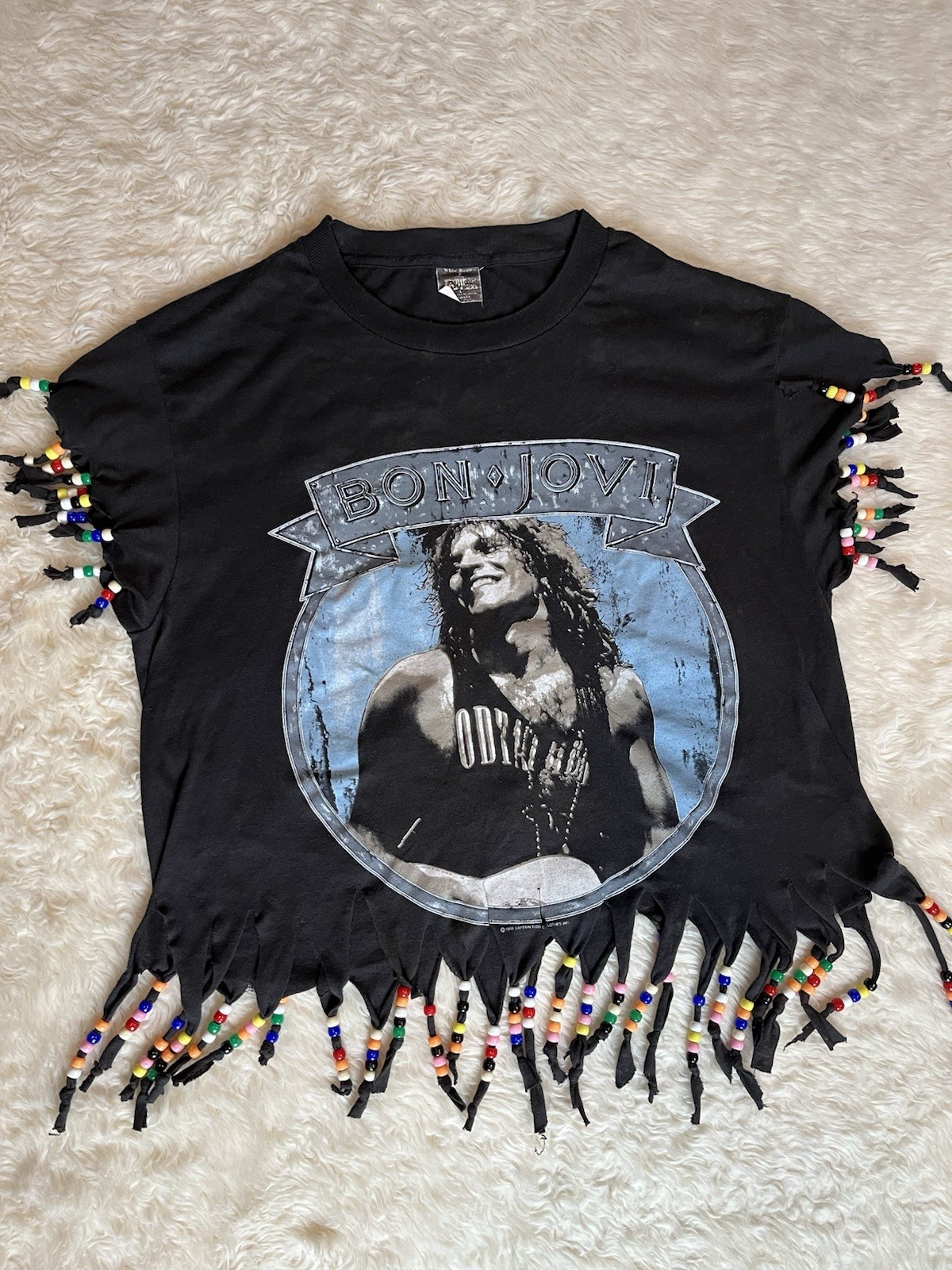 Vintage Bon Jovi T Shirt 1989 New Jersey Beaded Size L Womens Unisex Glam Rock