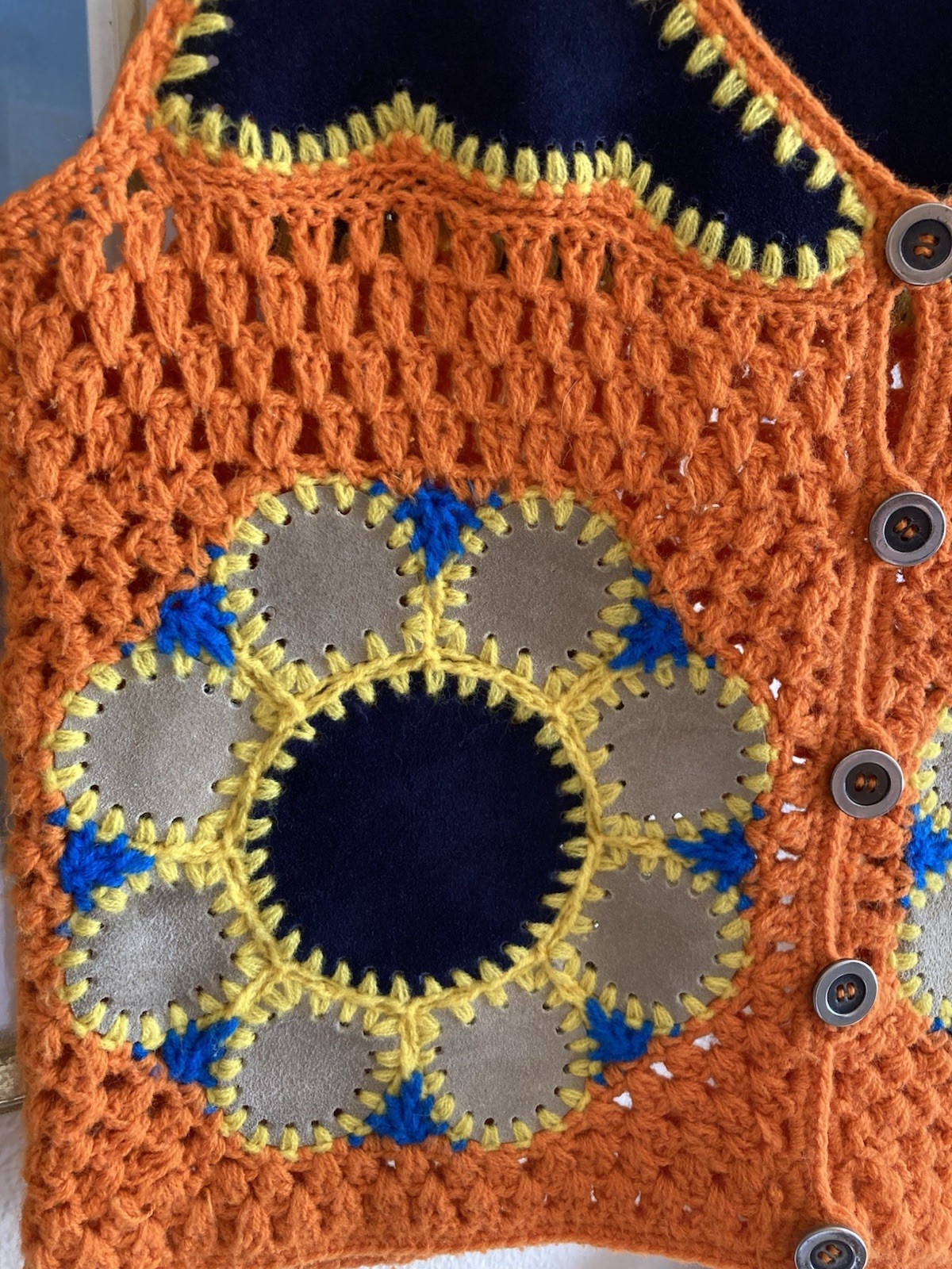 1970s Flower Power Suede Crochet Vest – Bust 34in
