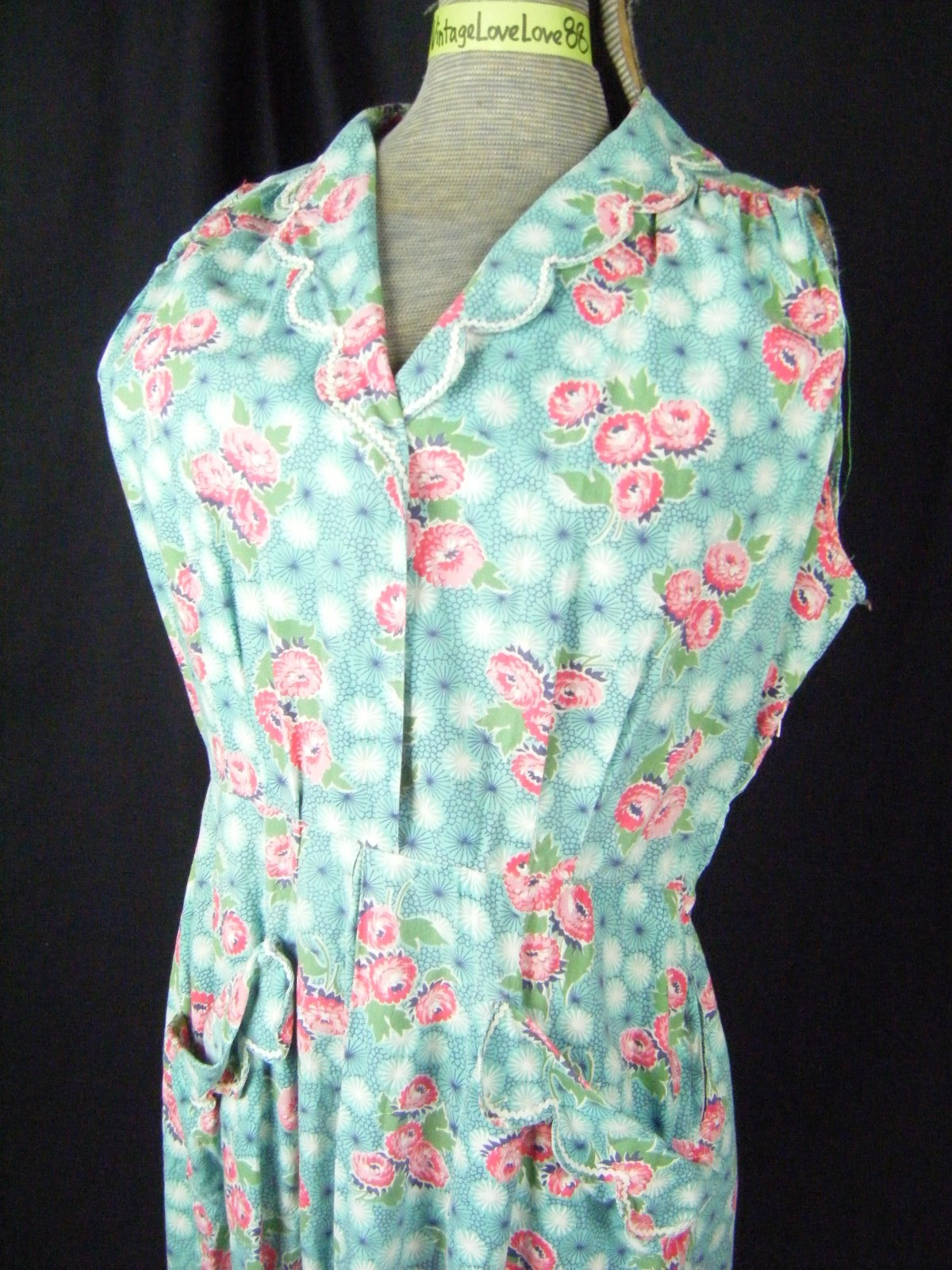 Vtg 50s Handmade Blue Pink Floral Cotton House Dress-Bust 43/M