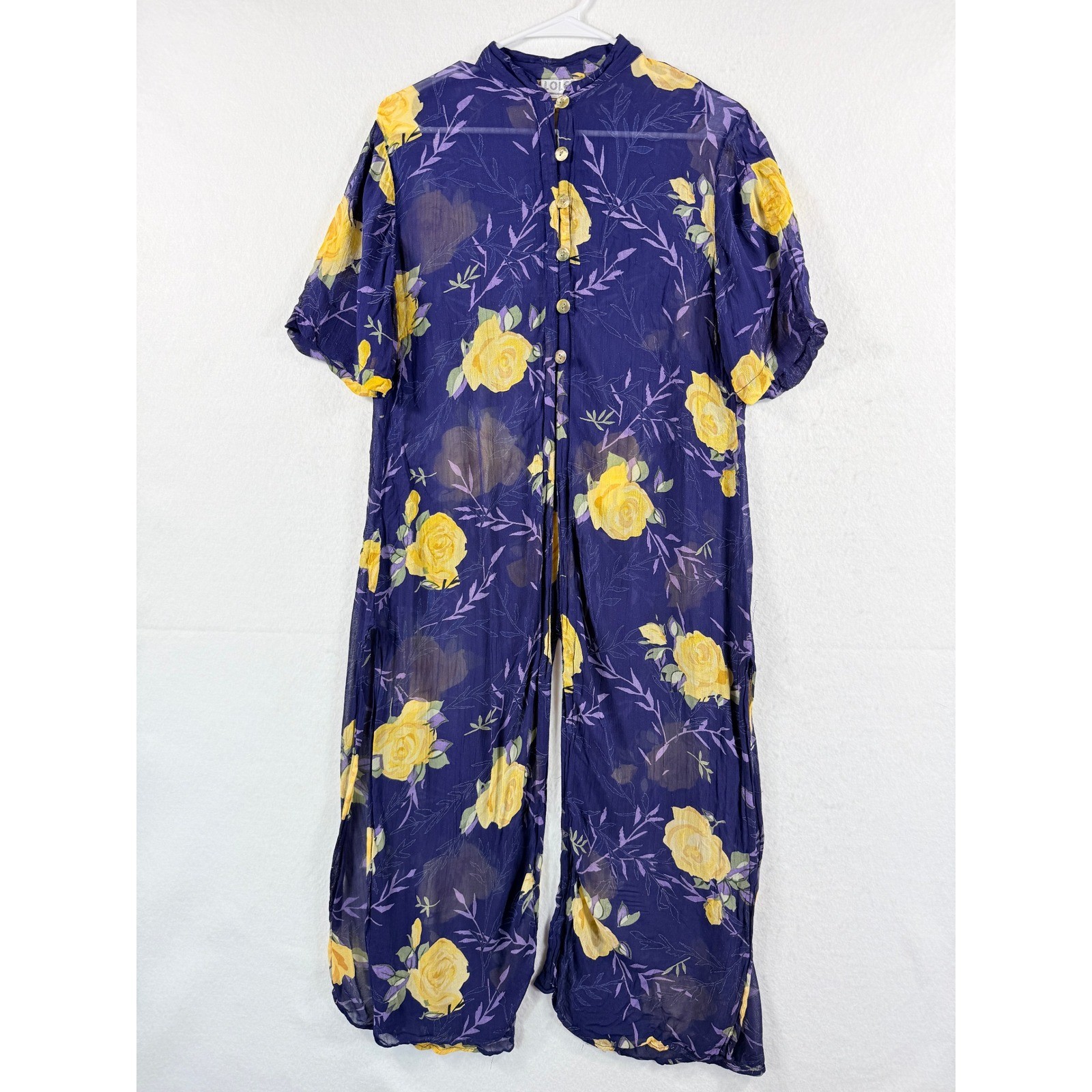 Lolette Maxi Dress Womens Large Purple Yellow Rose Floral Sheer Vtg Cottagecore