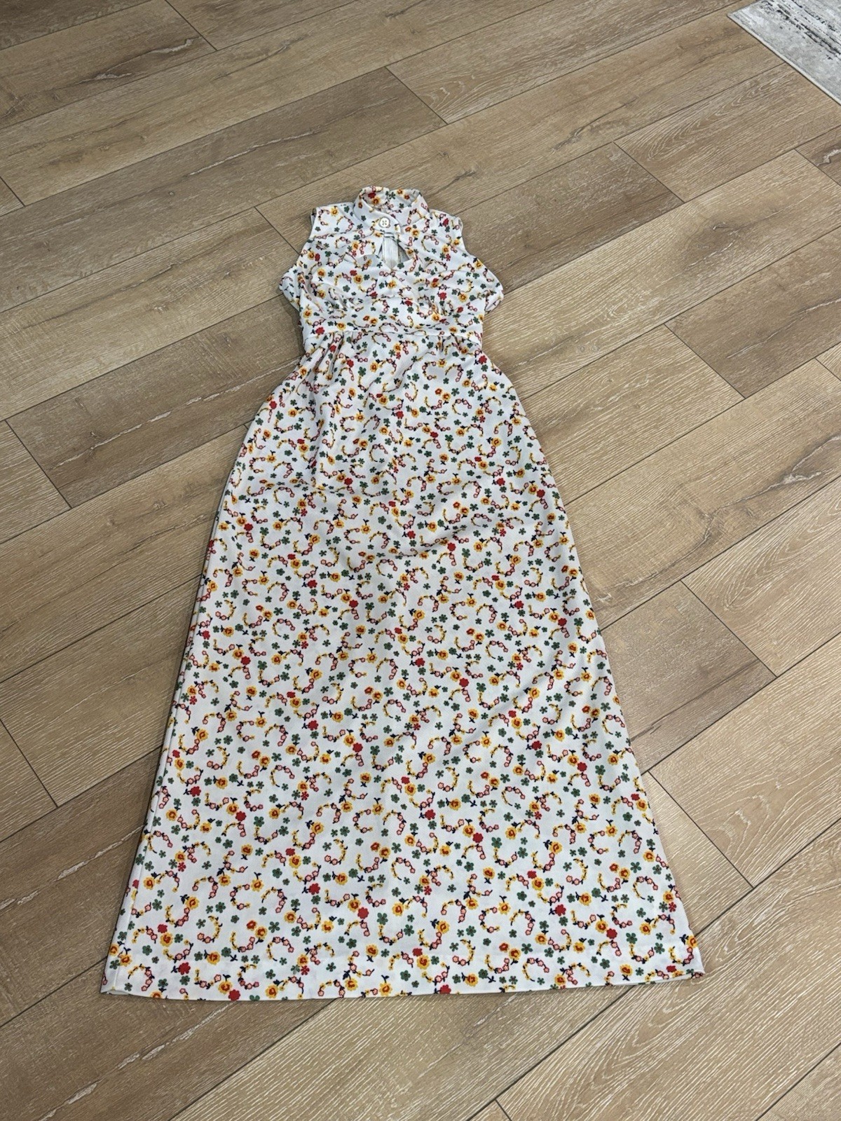 VTG 70s Gay Gibson Floral Maxi Dress Mock Neck Keyhole Sleeveless Cutout Small 9